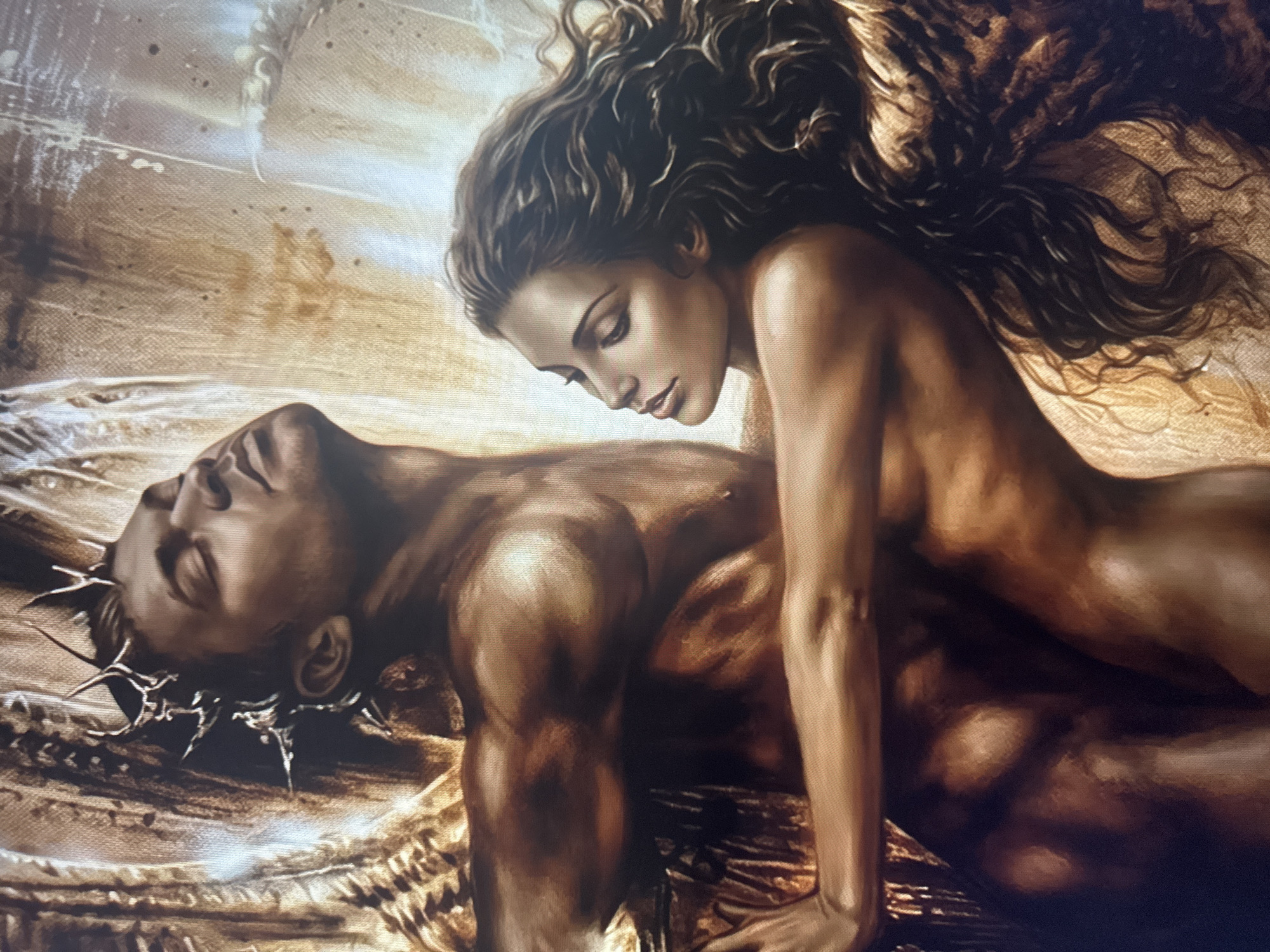 The image is a painting that depicts two nude figures, a man and a woman, in an embrace. The man is positioned behind the woman, with his head tilted back and eyes closed, wearing a crown of thorns. The woman is facing the viewer, with her eyes closed and her head turned to the side, her arms wrapped around the man. The figures are rendered with detailed musculature and flowing hair, in earthy tones with highlights of gold and light. The background is abstract and textured, with vertical lines and shimmering effects. There is no indication of the city of Dondușeni, Moldova, in the image.