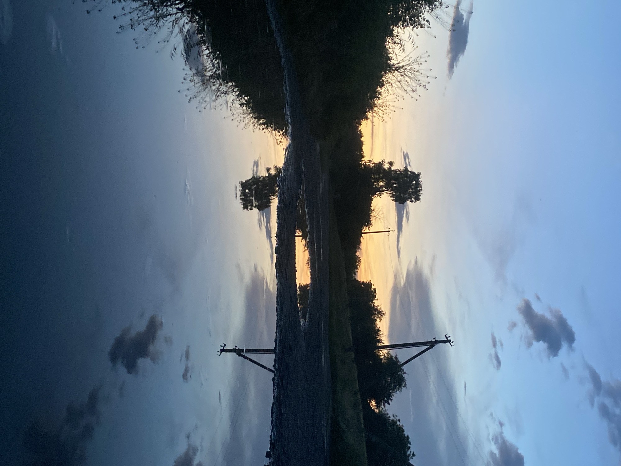 The image captures a serene evening scene in Ustyvytsia, Ukraine. The sky is a gradient of soft blues and oranges, with scattered clouds tinged with the fading sunlight. In the foreground, a large puddle reflects the sky and the surrounding landscape. The reflection shows trees and a utility pole, which is silhouetted against the colorful sky. The ground around the puddle appears to be gravelly. On the left side of the image, dense bushes and trees create a dark, shadowy border. On the right, more trees and another utility pole are visible. The overall impression is one of quiet solitude and natural beauty as day transitions into night.