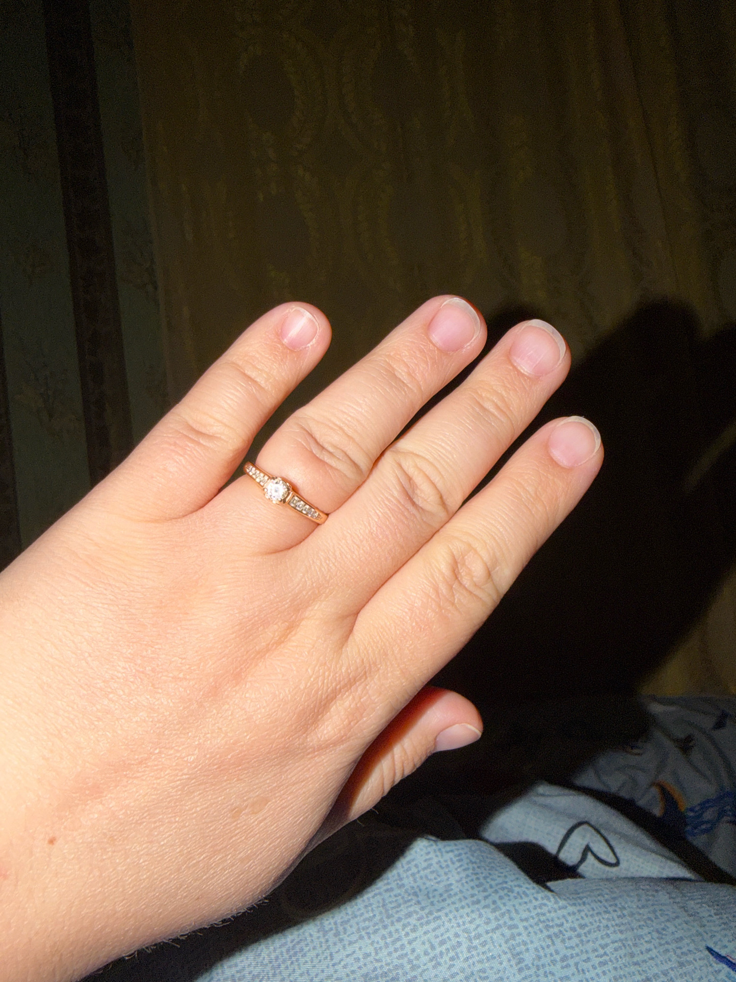 A close-up, eye-level shot shows a person's left hand, adorned with a ring on the ring finger. The hand is positioned in the foreground, with the fingers slightly splayed. The ring is delicate, featuring a central diamond surrounded by smaller stones on a thin band, likely made of gold. The skin appears fair, and the fingernails are short and unvarnished. The background is dark and out of focus, with vertical lines suggesting curtains or a textured wall. A faint shadow is cast on the right side of the image. The setting appears to be indoors, possibly a bedroom, given the hint of patterned fabric in the lower right corner. There is no information available to determine the specific location in Kobryn, Belarus.