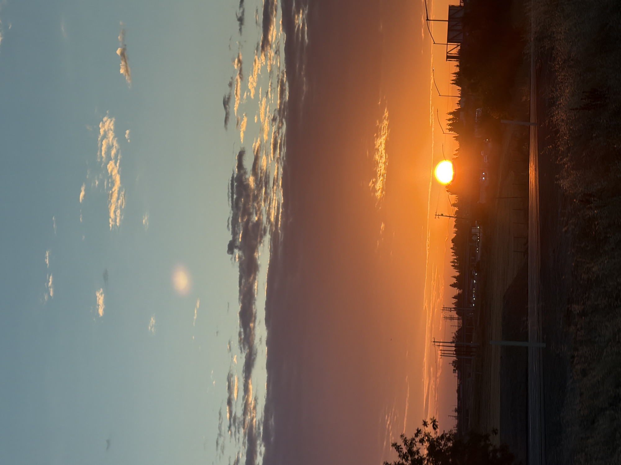 The image depicts a vibrant sunset over a semi-urban landscape. The sky transitions from a clear, pale blue at the top to a fiery orange and pink near the horizon, filled with scattered clouds catching the last rays of sunlight. In the mid-ground, a line of trees forms a silhouette against the bright sky. Beyond the trees, there are indications of development, with streetlights visible and the outline of structures. A road runs horizontally across the foreground, with dry grasses and foliage on either side. The sun, a bright orb, is prominently positioned just above the tree line, casting a warm glow over the scene. The overall impression is one of natural beauty and the transition from day to night. The image does not provide any specific landmarks or details that would allow for precise location identification within Sacramento, United States of America.