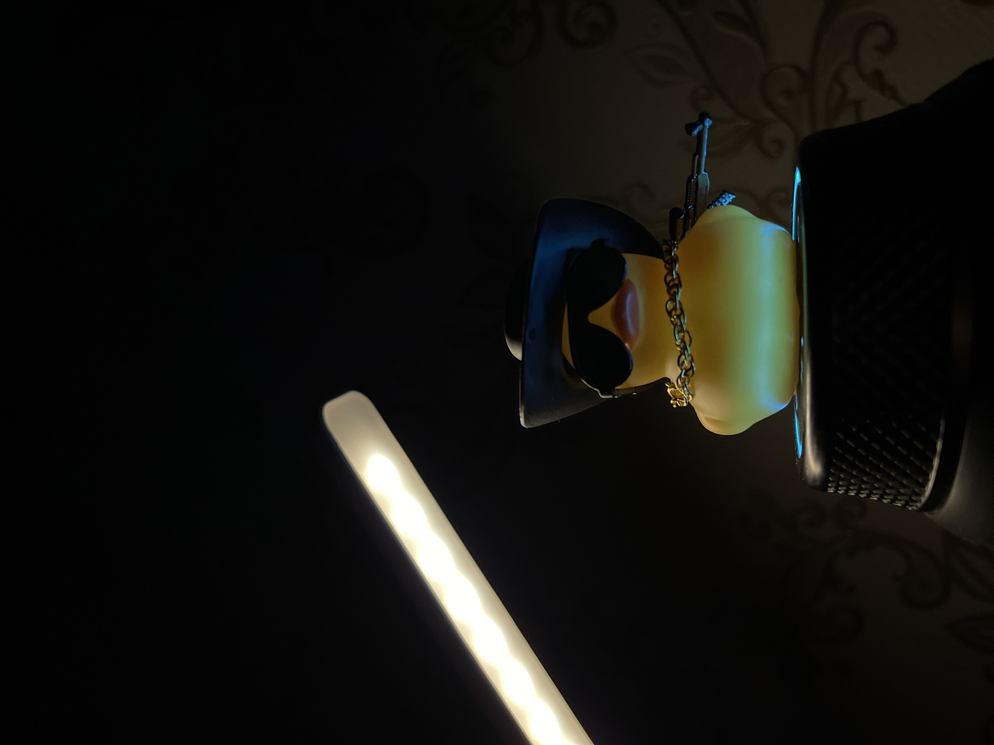 A close-up, dimly lit, rotated image depicts a yellow, cartoon duck toy wearing sunglasses, a black hat, and a gold chain, perched on what appears to be a black cylinder. A white, elongated light source is visible in the lower left corner. The background is dark, with a faint pattern on the wall behind the subject. The image does not contain enough information to determine its location as Bender, Moldova.