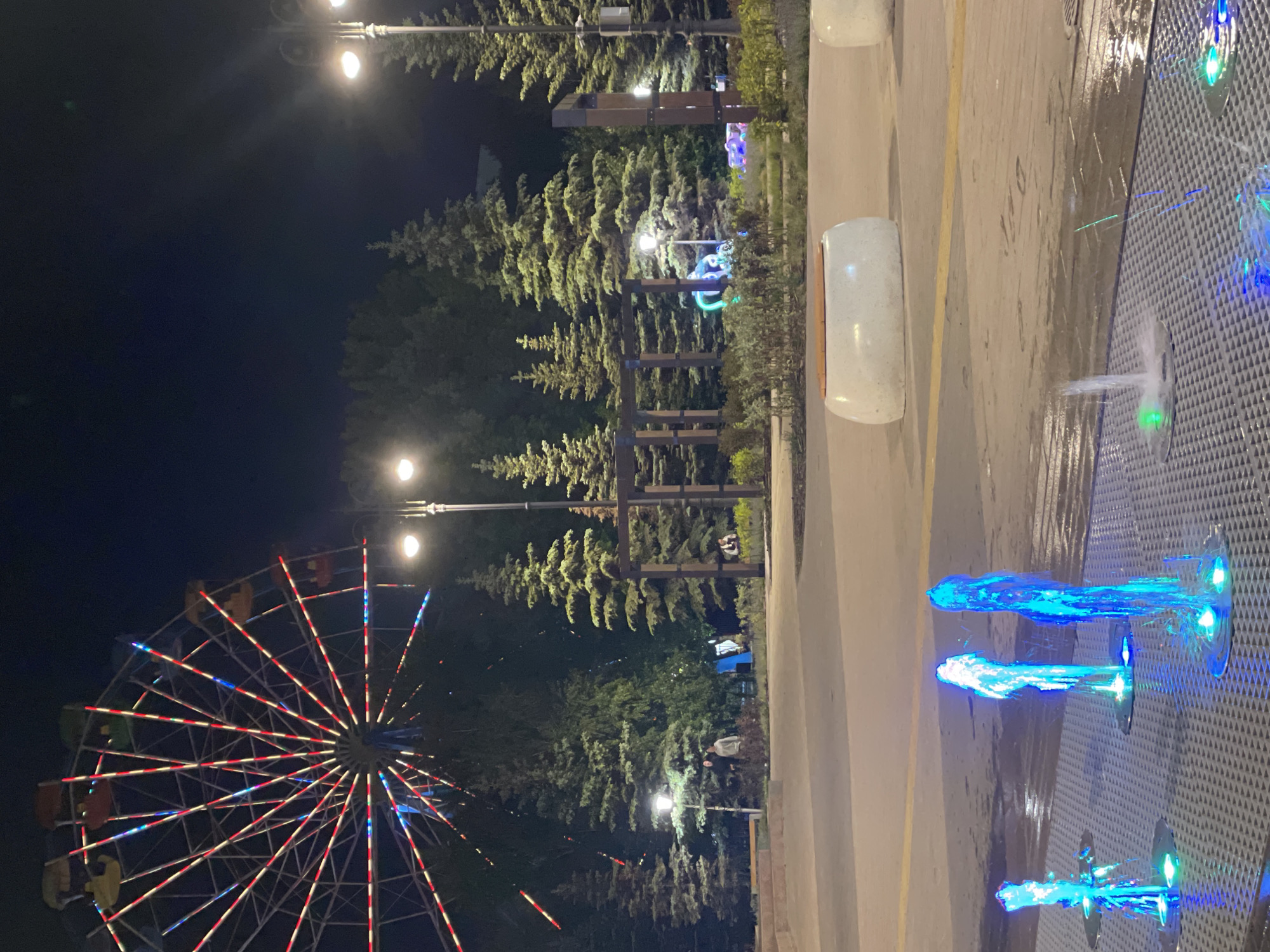 The image shows a night scene in Kokshetau, Kazakhstan. A Ferris wheel with red, white, and blue lights is visible on the left. Tall pine trees and streetlights are in the background. On the right is a fountain with water jets illuminated with blue and green lights. A paved area is next to the fountain, with several white cylindrical objects.