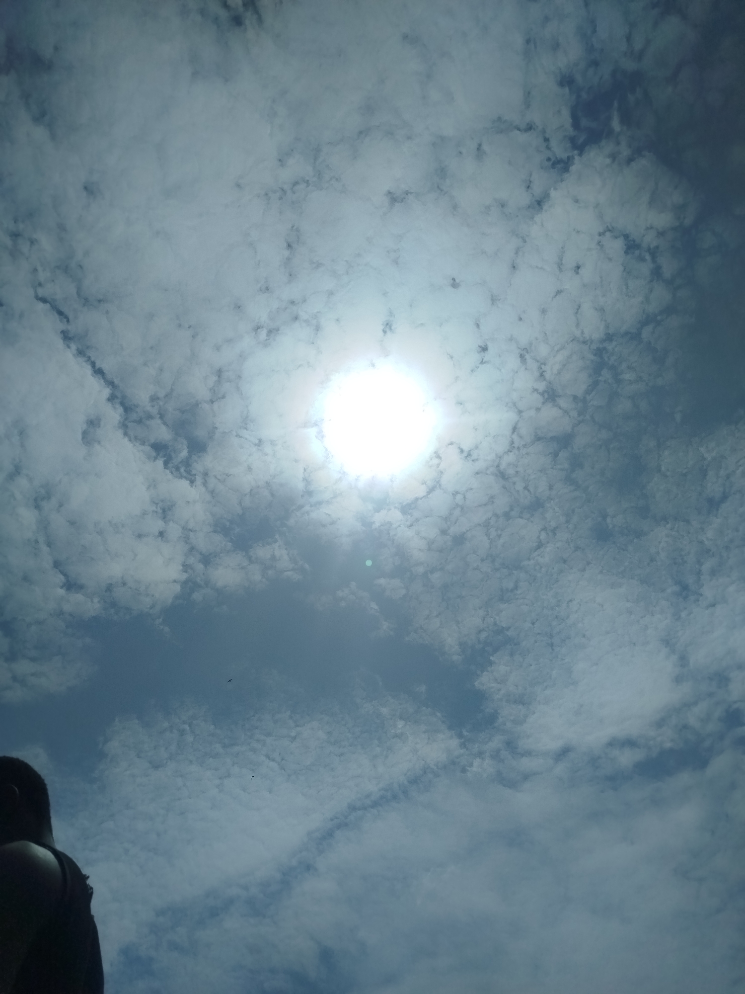 A man's silhouette is visible on the left side of the image, his back and head turned away from the camera, looking up at the sky. He appears to be wearing a dark tank top. The sky is filled with a mix of white and dark gray clouds, with the sun shining brightly in the upper center of the frame. Two birds are captured in flight against the cloudy sky. The image was taken outdoors in a city, likely Jos, Nigeria, based on the user prompt. The lighting suggests it is daytime, possibly late morning or early afternoon, given the intensity of the sun. The overall atmosphere is one of looking up and observing the natural elements.