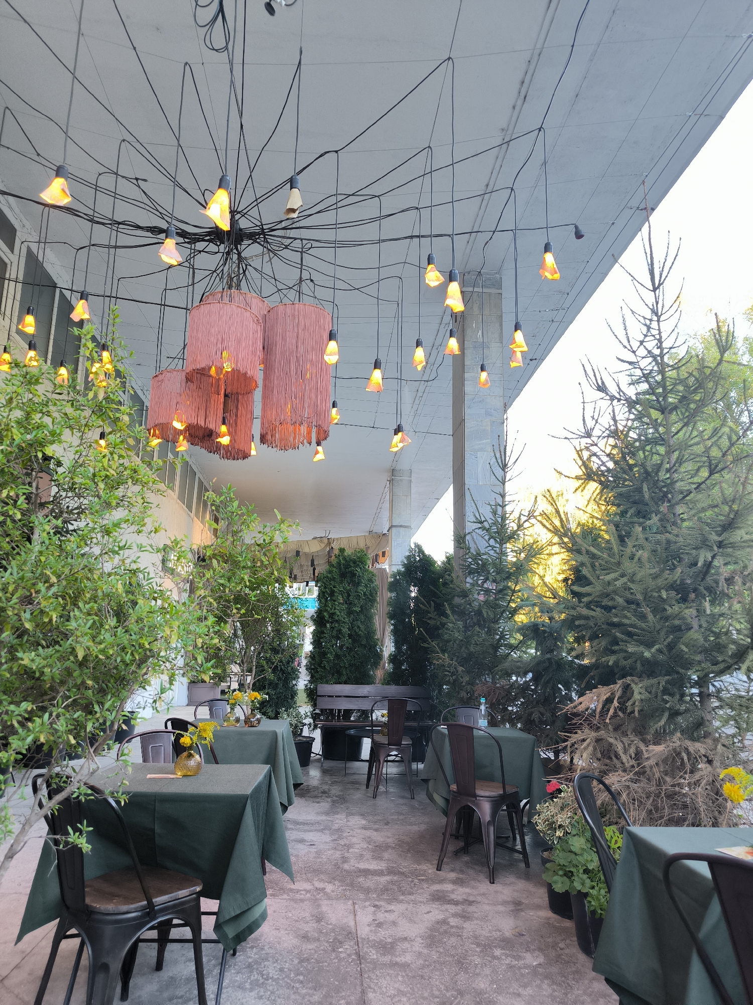 This media file depicts an outdoor seating area of a restaurant or cafe, likely in Chișinău, Moldova. The scene is set under a covered patio with an elaborate overhead lighting installation featuring numerous small, yellow, bell-shaped bulbs suspended by thin wires. Two large, pink, cylindrical chandeliers with fringed bottoms hang prominently in the foreground.
The area is furnished with several tables covered in dark green tablecloths. Each table is set with chairs, and some have small vases with yellow flowers. The seating arrangements suggest an unoccupied dining space, creating a sense of calm and anticipation.
Surrounding the seating area are various types of greenery, including lush bushes and tall evergreen trees. The plants are in pots and arranged to create a natural, somewhat enclosed atmosphere. The paving stones of the outdoor floor are visible, and a building with white walls and a concrete overhang forms the backdrop.
The lighting, with the yellow bulbs and the pink chandeliers, suggests it might be dusk or early evening, or perhaps the lights are on during the day to create a specific ambiance. The warm glow from the lights and the dappled sunlight filtering through the trees hint at pleasant weather. The overall emotion conveyed is one of a serene and inviting, yet currently empty, outdoor dining space. No visible text is present in the image.