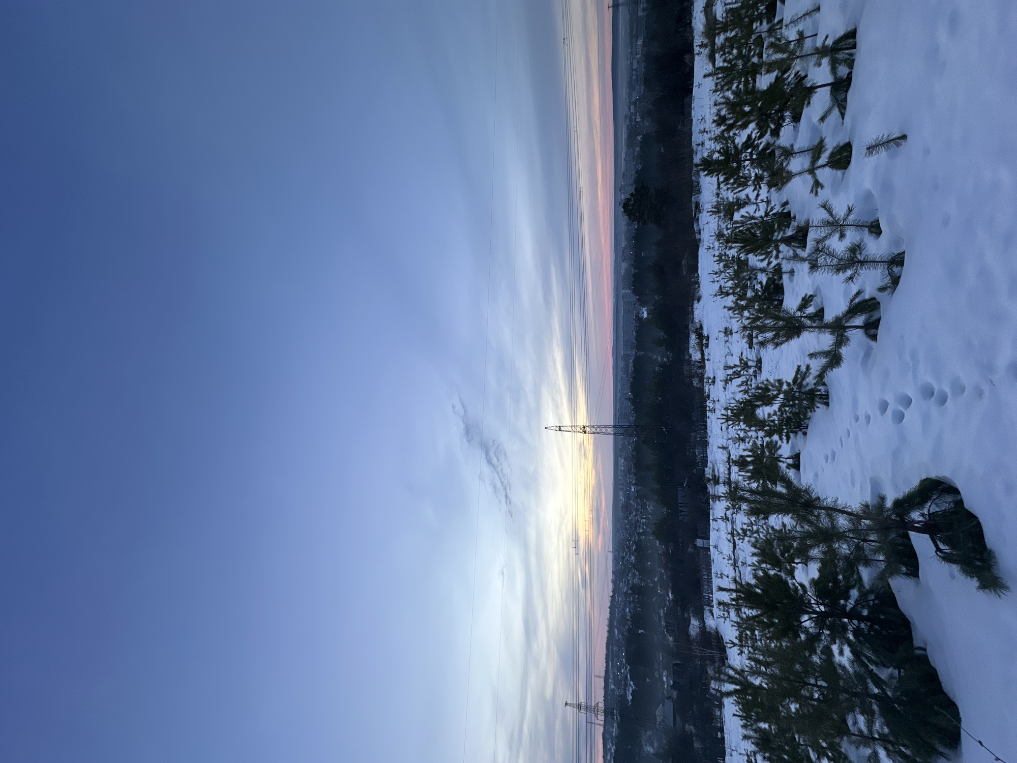 The image displays a wide-angle winter landscape at either dawn or dusk, overlooking the city of Chaikovsky, Russia. The foreground is a snow-covered field populated by numerous small, sparsely distributed conifer saplings. A discernible trail of human footprints extends from the lower-left towards the center-right in the snow. Beyond this field, a dark, dense treeline forms a natural boundary. In the midground and background, the urban sprawl of Chaikovsky is visible, characterized by multiple buildings and structures partially obscured by distance and a faint atmospheric haze. Two prominent metal lattice transmission towers stand as notable features, with multiple horizontal power lines traversing the scene above the cityscape. The sky exhibits a gradient from a deep indigo-blue overhead to lighter blues, transitioning into soft yellow, orange, and pink hues at the horizon, indicative of low sun angle. No individuals or active subjects are present.