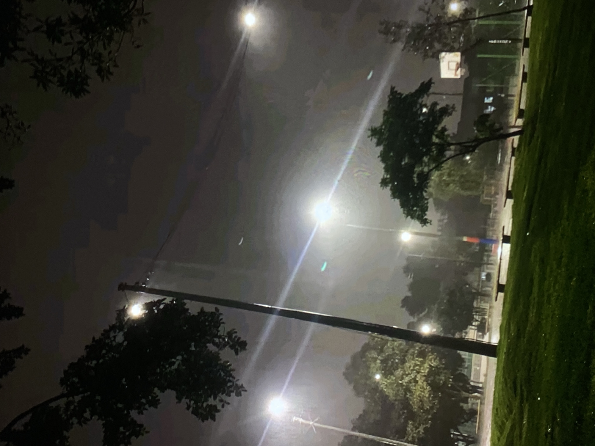 This image captures a night scene in an outdoor area, likely a park or recreational ground in Tinaquillo, Venezuela, under foggy or misty conditions. The time of day is nighttime, indicated by the darkness and the reliance on artificial light sources.
The scene is dominated by several bright streetlights, which cast strong, diffused beams through the humid air, creating noticeable lens flares and halos. This atmospheric effect suggests mist, fog, or light rain. Dark, silhouetted trees with visible foliage frame the left and upper portions of the image, contrasting with the illuminated haze.
On the right side of the frame, a distinct green grassy area slopes upward. Beyond this, a paved court or pathway is visible, dotted with what appear to be dark benches. In the distance, a white basketball backboard and hoop can be seen, confirming the presence of a sports or recreational facility. The artificial lighting illuminates parts of the ground and the misty atmosphere, creating a quiet and somewhat ethereal mood. There are no identifiable people or visible text in the image.