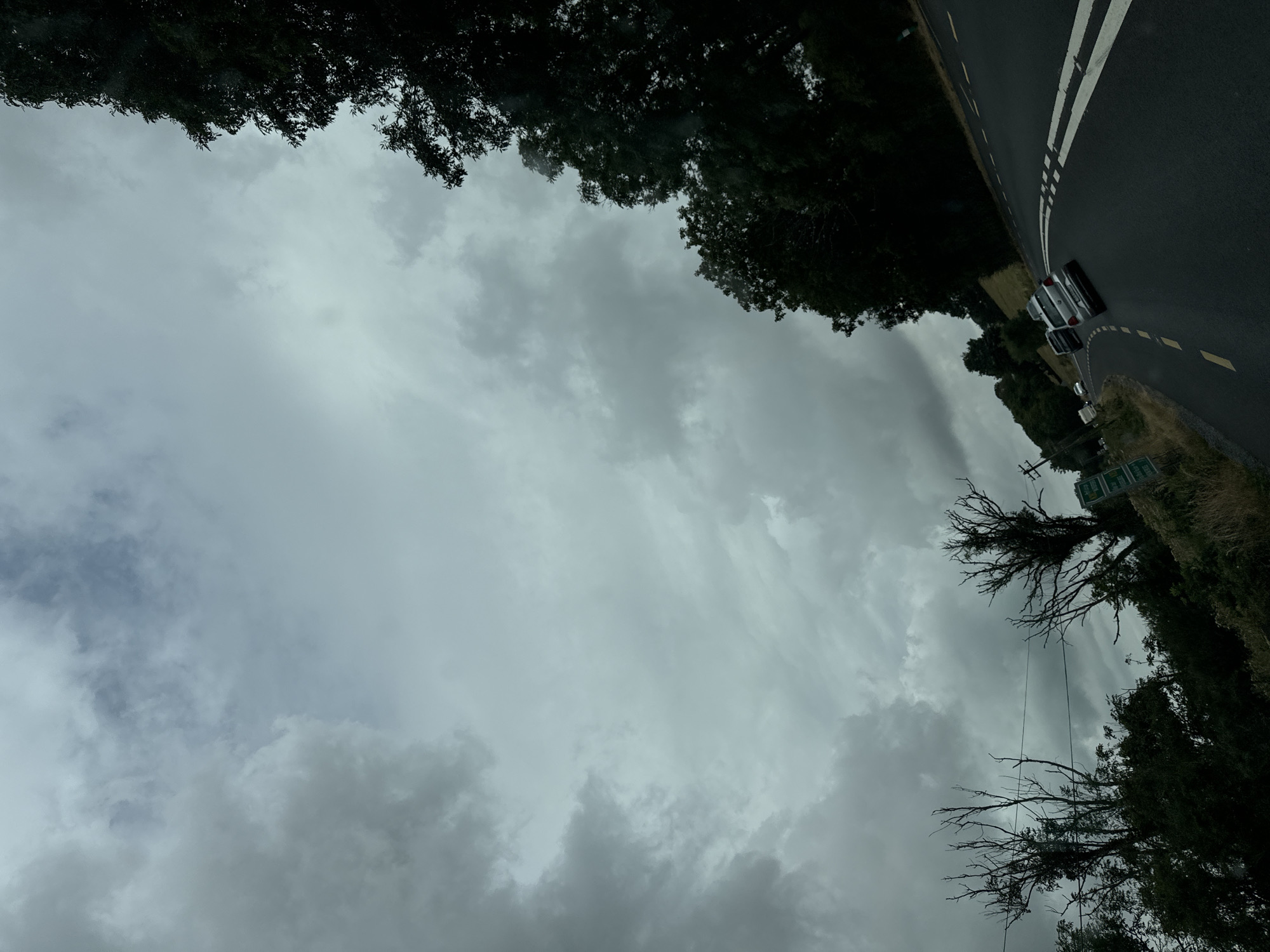 The image depicts a view of a rural road in Ireland under a cloudy sky. The road curves to the right, marked with white and yellow lines. Several vehicles are visible on the road, including a silver hatchback in the foreground, followed by a dark SUV and a white van further ahead. Trees line the sides of the road, with some bare, skeletal trees in the left foreground and dense foliage on the right. The sky is filled with heavy, gray clouds, suggesting overcast or potentially rainy weather. The overall scene is one of a typical overcast day on an Irish country road. There are no people visible in the image. The specific location within Ireland is unknown.