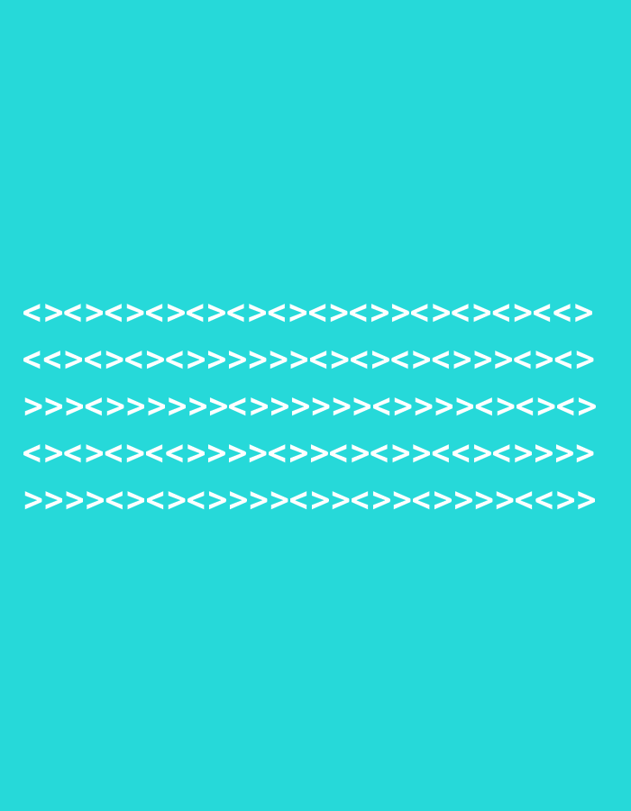 The image displays a graphic design with a solid cyan background. Four horizontal rows of white angle brackets, alternating between left-facing '<' and right-facing '>', are arranged in the lower half of the image. The top row consists of a simple alternating pattern of '<><><><><><><><><>><><><><<>'. The second row displays '<<><><><>>>>>><><><><>>><><>'. The third row shows '>>>>>>>>>>>>>>>>><>>>><><><>'. The fourth row features '<><><><<>>>><>><><>><<><>>>>'. The final row at the bottom has '>>>><><><>>>><>><>><>>>><<>>'. The overall arrangement creates a visual pattern of forward and backward movement. There are no people, specific objects, or discernible setting cues beyond the abstract pattern. The time of day, weather, and location are not indicated by any visual elements within the image. No discernible emotion is conveyed by the graphic.