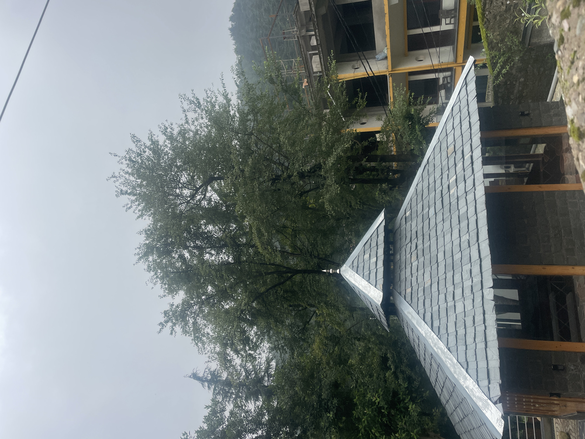 A photograph taken in Dharamkot, India, captures a cloudy day with lush green trees dominating the landscape. In the foreground, a traditional stone structure with a tiered, slate-tiled roof and wooden pillars is visible. Beyond this structure, a multi-story building with a yellow facade and balconies is under construction, with scaffolding in place. The scene is set against a backdrop of dense forest covering rolling hills, indicative of the mountainous terrain of Dharamkot. The overall atmosphere is serene and suggests a moment of quiet in the otherwise busy town.