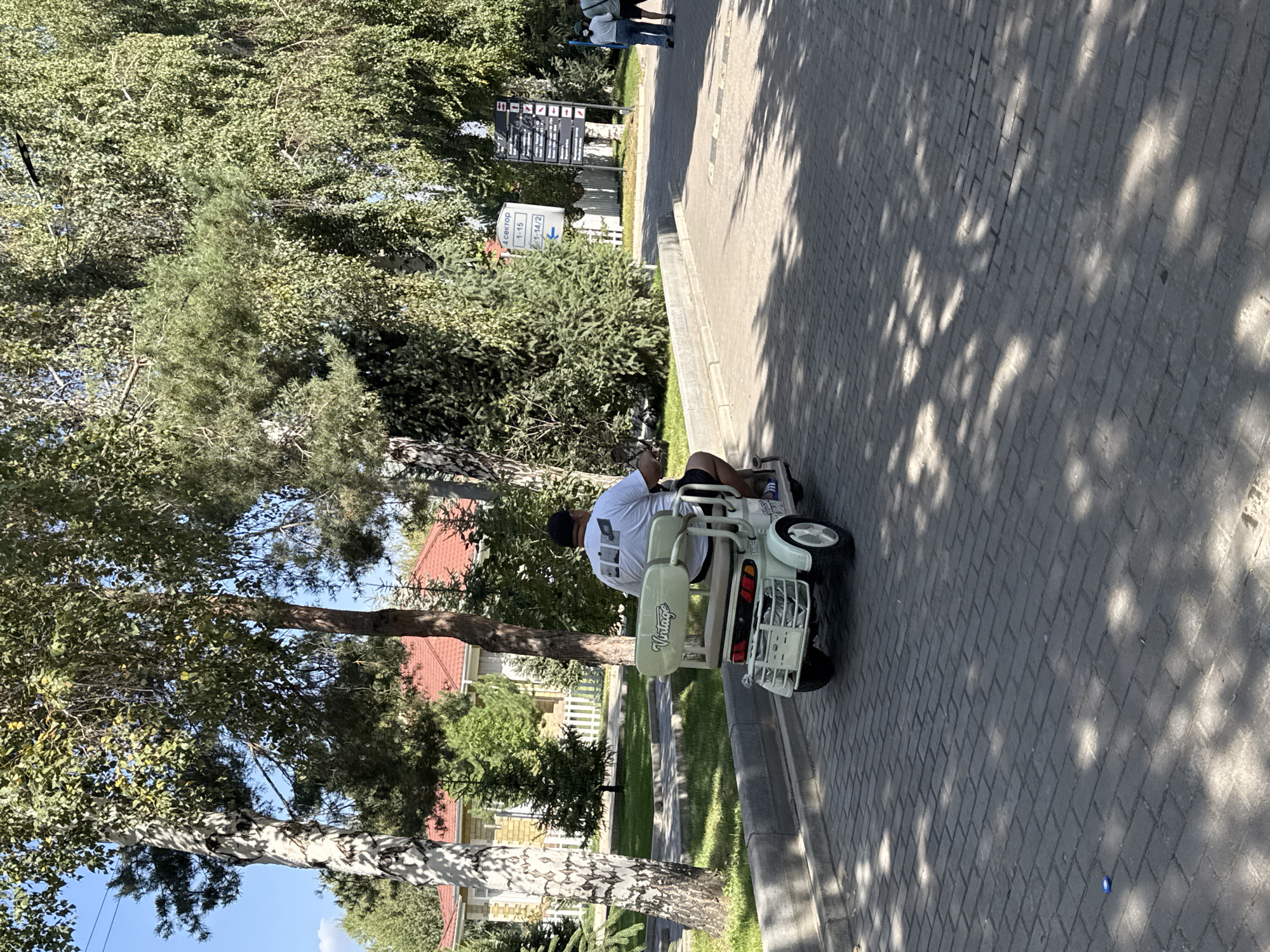 In Sary-Oy, Kyrgyzstan, a man wearing a white t-shirt with a graphic print and dark shorts rides a light green three-wheeled electric scooter on a paved walkway. The scooter has a "Vintage" logo on its backrest. The man is facing away from the camera. The walkway is bordered by a concrete curb and a grassy area. Behind the curb, a residential building with a red-tiled roof and light-colored siding is visible. Tall trees with green foliage line the walkway, casting dappled shadows on the ground. In the background, a signpost with Cyrillic text and another sign with directional arrows can be seen. Further in the distance, two individuals, one wearing a white top and jeans, and another in a dark top and shorts, are walking away from the camera. The sky is clear and blue.