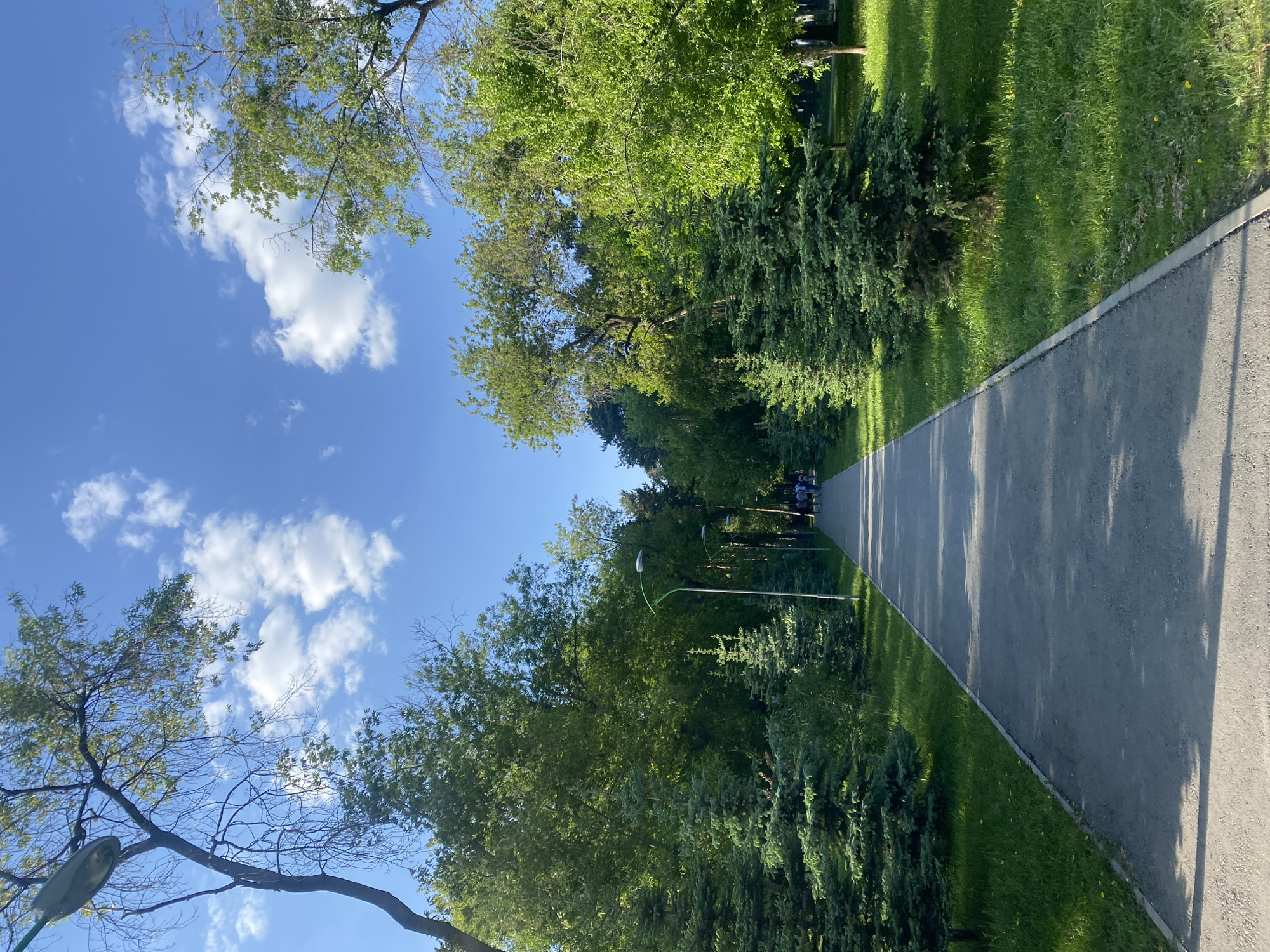 The image depicts a park path in Yekaterinburg, Russia, flanked by green grass and trees. A paved walkway stretches into the distance, with shadows cast by trees along its surface. Overhead, a blue sky is visible, punctuated by scattered white clouds. A few people can be seen in the distance on the path. Street lamps are placed along the path, partly obscured by the foliage.