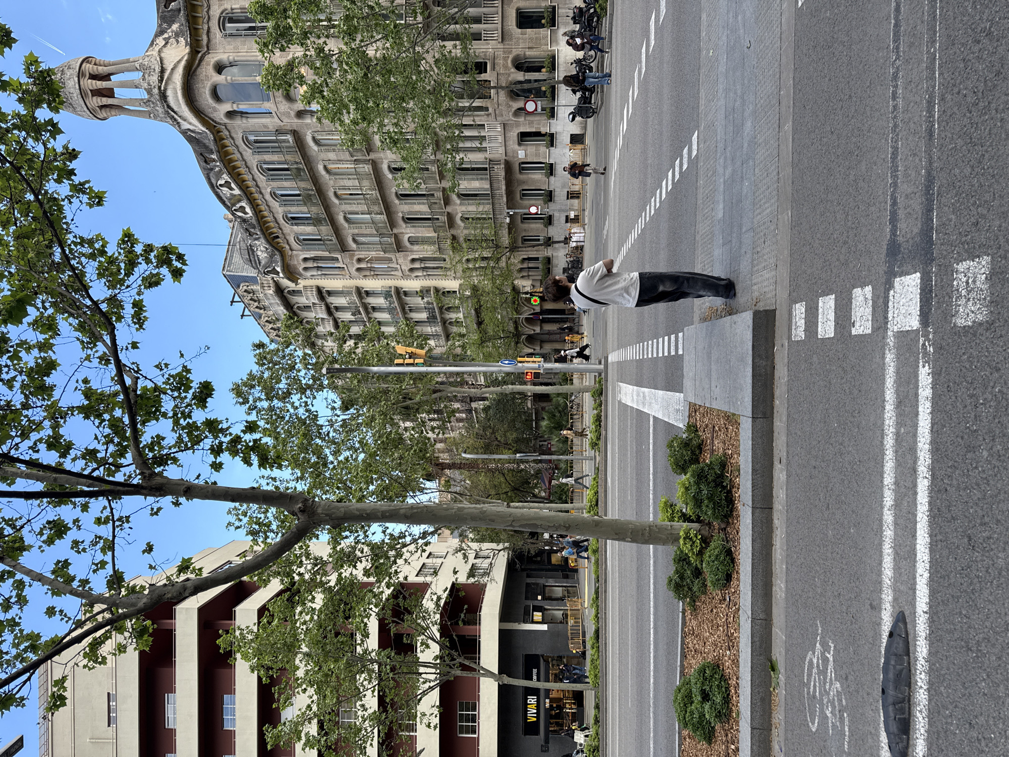 A medium-shot photograph depicts a street scene in Barcelona, Spain, featuring a pedestrian standing on the sidewalk at a crosswalk. The man has dark hair and is wearing a white shirt and dark pants. He stands parallel to the street facing away from the camera. The pedestrian is positioned at the edge of the crosswalk, which is marked by white dashed lines on the asphalt road. The road is lined with shrubbery and trees. The background features buildings. The most prominent building is the Casa Milà, which is an apartment building designed by Antoni Gaudí. The top of the building is visible on the left of the frame. The overall lighting suggests it is daytime with clear skies.