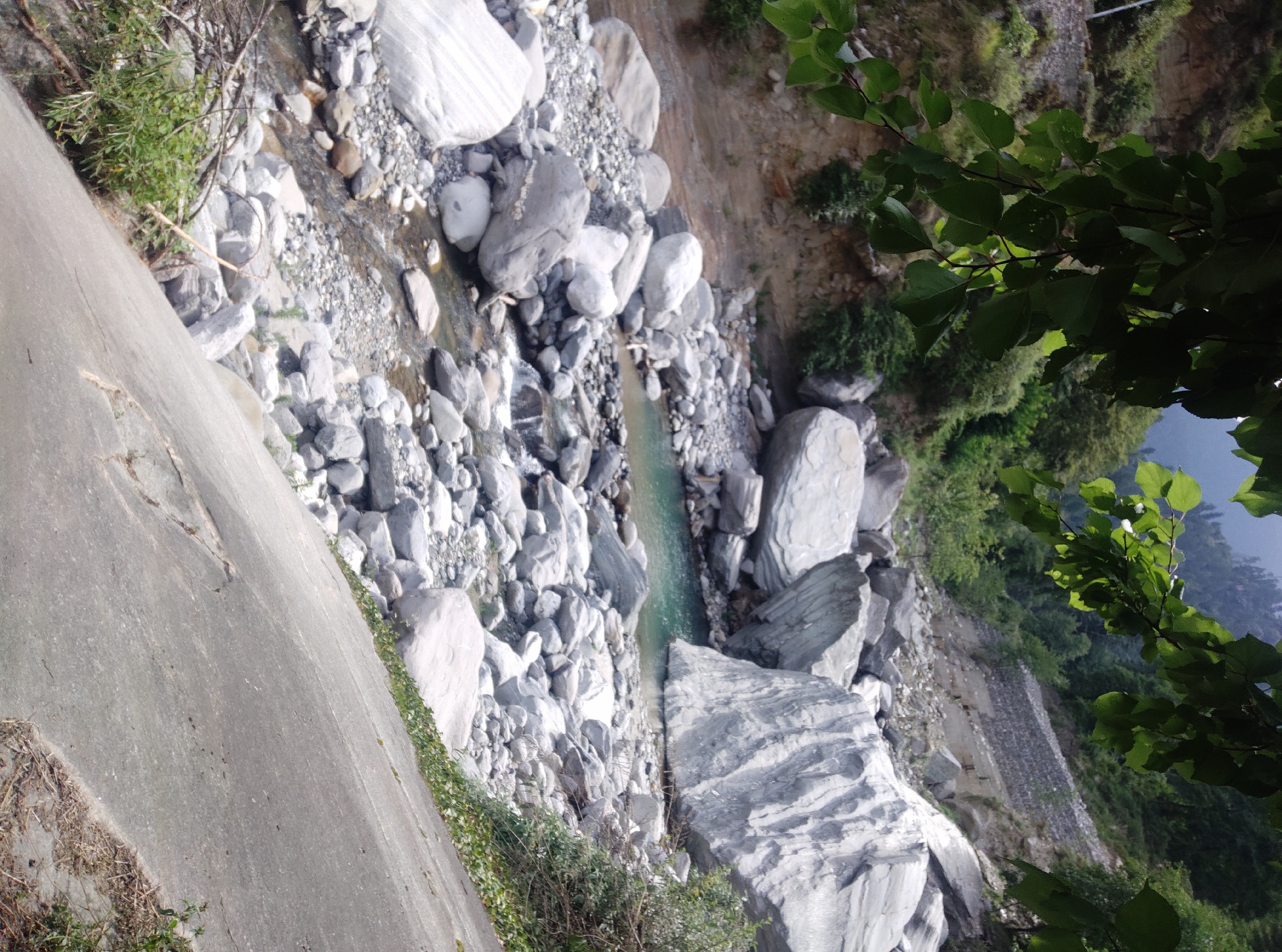 This image captures a rocky riverbed in Baragran, India. In the foreground, a large, light gray, smooth rock slopes upwards from the bottom right, with dry grasses and some green vegetation along its edge. The middle ground is dominated by a shallow, turquoise body of water, bordered by numerous large, smooth, gray boulders of various sizes. The river flows from the left towards the center of the image, with smaller rocks and pebbles lining its banks. In the background, a steep, rocky hillside rises, with dense green trees and vegetation covering parts of it. A stone retaining wall is visible partway up the hillside, suggesting human intervention in stabilizing the slope. Overhanging the scene from the top are dark green leaves and branches, obscuring a portion of the sky and upper hillside. The overall impression is one of a natural, rugged landscape with evidence of human presence.