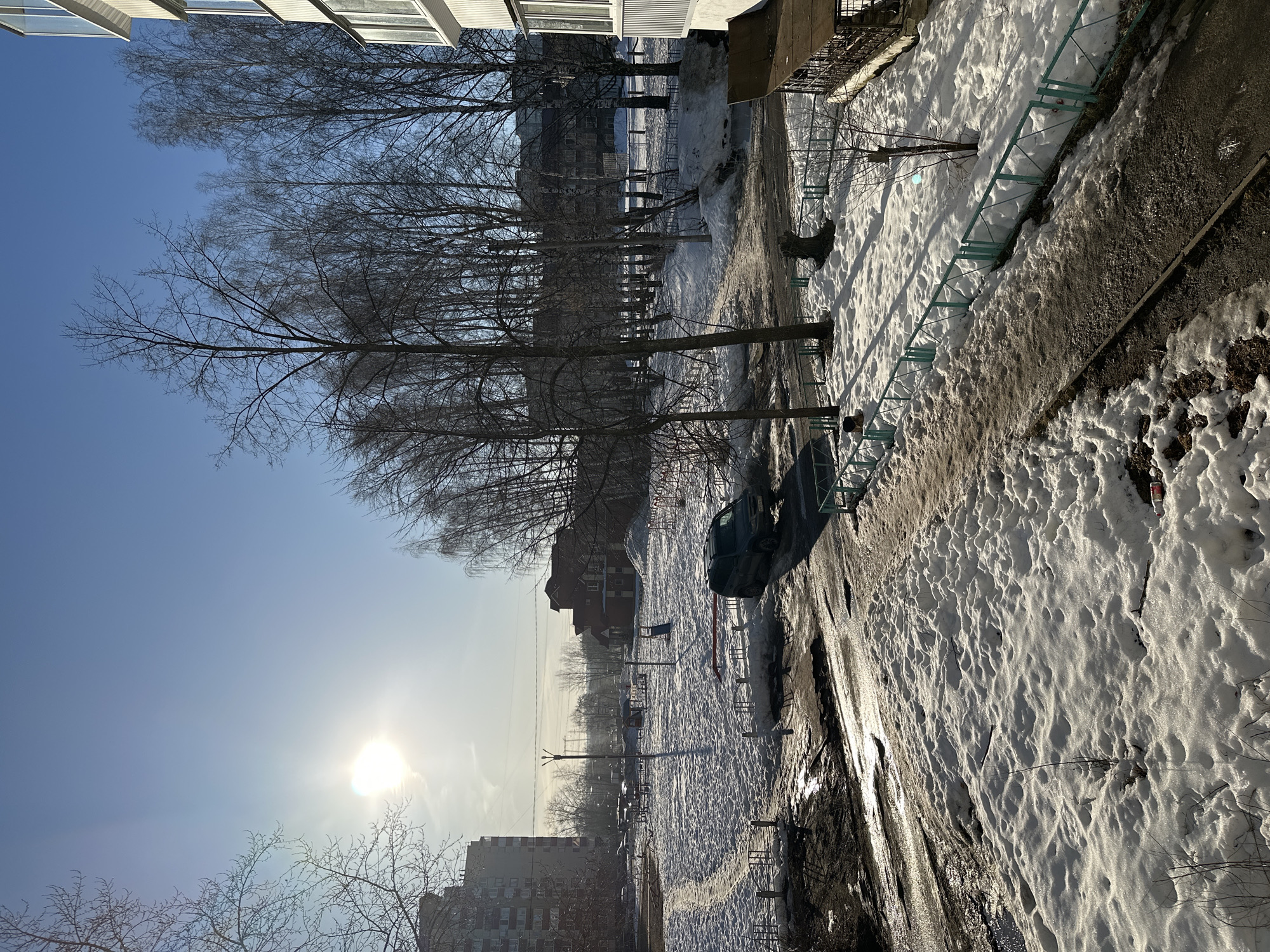 The image shows a winter scene in what appears to be a residential area of Chaikovsky, Russia. There is snow on the ground covering a courtyard or open space between buildings. A row of bare trees lines the central area. A car is parked near the edge of the road. A fence runs parallel to the walkway. The sky is clear and bright with the sun visible. Buildings are visible in the background, suggesting an urban environment.