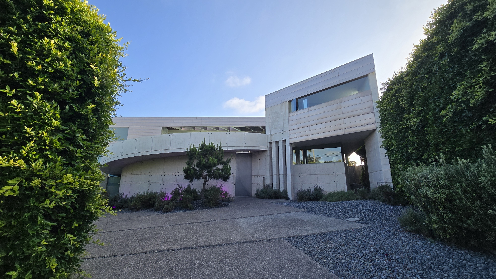 This image captures the exterior of a modern building, framed on both the left and right by tall, dense green hedges. The building itself features clean lines, a light-colored facade, possibly concrete or stone panels, and large rectangular windows reflecting the sky and surrounding foliage.
The architecture displays a minimalist aesthetic with distinct geometric shapes, including a prominent curved concrete wall section on the left-center of the building. In front of this curved section stands a small, sparsely-leaved tree. Below the curved wall, several ground lights emit a soft magenta or purple glow onto the concrete and surrounding low-lying shrubs.
The ground in the foreground is a combination of large, light gray concrete slabs forming a path, interspersed with areas covered in dark gray or black pebbles. Additional low-growing greenery and shrubs are planted along the base of the building and the edges of the path.
The scene appears to be set during the day, likely morning or late afternoon, as indicated by the bright, directional sunlight casting some shadows and illuminating the top edges of the hedges. The sky is a clear, bright blue with a few wispy white clouds. No people are visible, and there is no discernible activity taking place. There is no visible text. The overall impression is one of a well-maintained, contemporary architectural space with carefully curated landscaping.