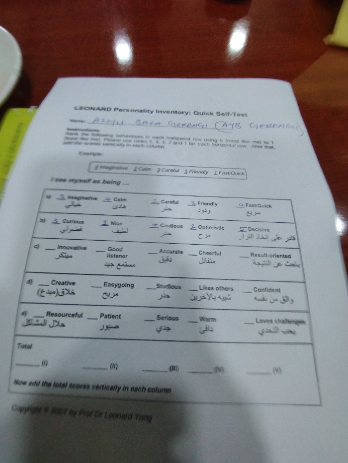 The image shows a paper document titled "LEONARD Personality Inventory: Quick Self-Test" with the name "Aliyu Bala Gerekengi (AYB Gerekengi)" written in handwriting at the top. There are instructions to "mark the following behaviours in each horizontal row using 5 (most like me) to 1 (least like me). Please use 5, 4, 3, 2 and 1 for each horizontal row. After that, add the total scores vertically in each column." An example is provided at the top, showing numbers from 1 to 5 next to personality traits, and then space for a numerical score beneath. The document features a table with 5 rows, each describing a different personality trait. Each row has four columns, each with an adjective describing the trait, and space for a numerical score. There are also spaces to record totals at the bottom. The document is on a wooden table, and the language used is English with a few words written in Arabic. The location of the image, based on the provided coordinates, is Ashaka, Nigeria.