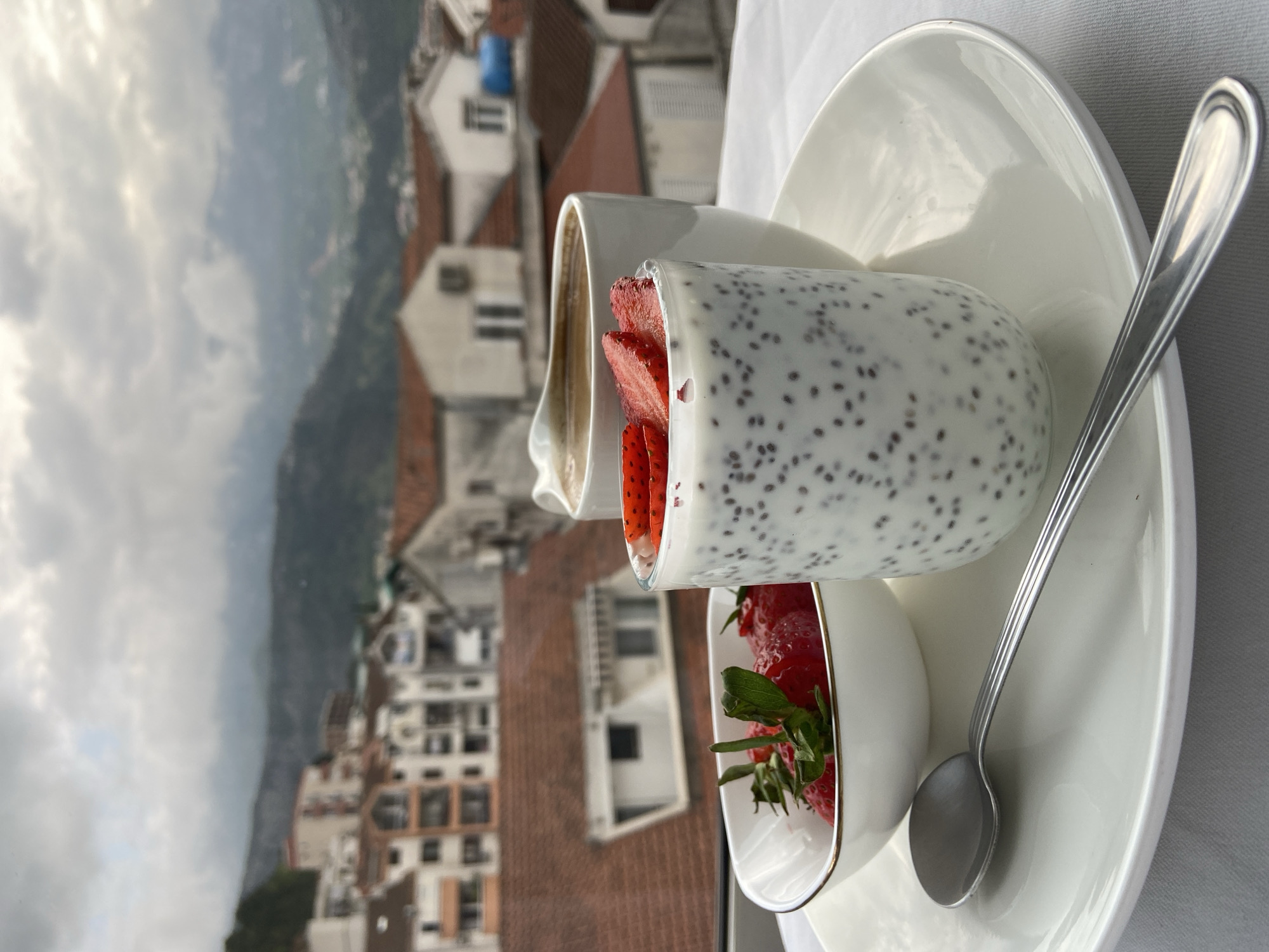The image captures a breakfast or brunch setting with a scenic view overlooking a town and mountains, consistent with the provided location context of Budva, Montenegro.
In the foreground, a white serving plate holds several breakfast items. A clear glass contains chia pudding, visible with numerous dark chia seeds suspended in a white creamy base, and several bright red strawberry slices layered within and at the top. Next to it, a small white bowl is filled with whole, fresh red strawberries. A white ceramic cup, likely containing coffee, is partially visible behind the chia pudding glass. A silver spoon rests on the white plate beside the small strawberry bowl. The table surface beneath the plate appears to be covered with a white cloth.
The background presents a panoramic view of a town built on hillsides. Numerous buildings with red-tiled roofs and light-colored walls are visible, some appearing stacked or terraced. Beyond the urban sprawl, lush green mountains rise under a cloudy, overcast sky. The lighting suggests daytime, possibly morning or early afternoon, given the nature of the meal. No people are visible, and there is no discernible text in the image. The scene evokes a sense of calm and enjoyment of a meal with a picturesque backdrop.