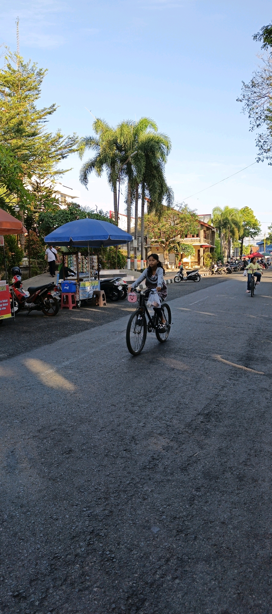 In Klaten, Indonesia, a young girl is captured on camera riding a bicycle on a paved road under a clear blue sky. She wears a gray and white checkered long-sleeved shirt and dark pants. Her bicycle is black, and a small pink pig-shaped bag is attached to the handlebars. She appears to be carrying a white plastic bag in the front basket.
To the left of the road, a blue umbrella shades a small stall displaying various items. A red motorcycle is parked near the stall. A man in a white shirt is visible walking near the stall.
Further down the road, on the right side, a line of parked motorcycles is visible. Palm trees and other trees line the sides of the road, with buildings in the background. Another young girl on a bicycle is further down the road on the right, wearing a yellow shirt. The scene appears to be a street in a bustling area, possibly a market or roadside vendor section.