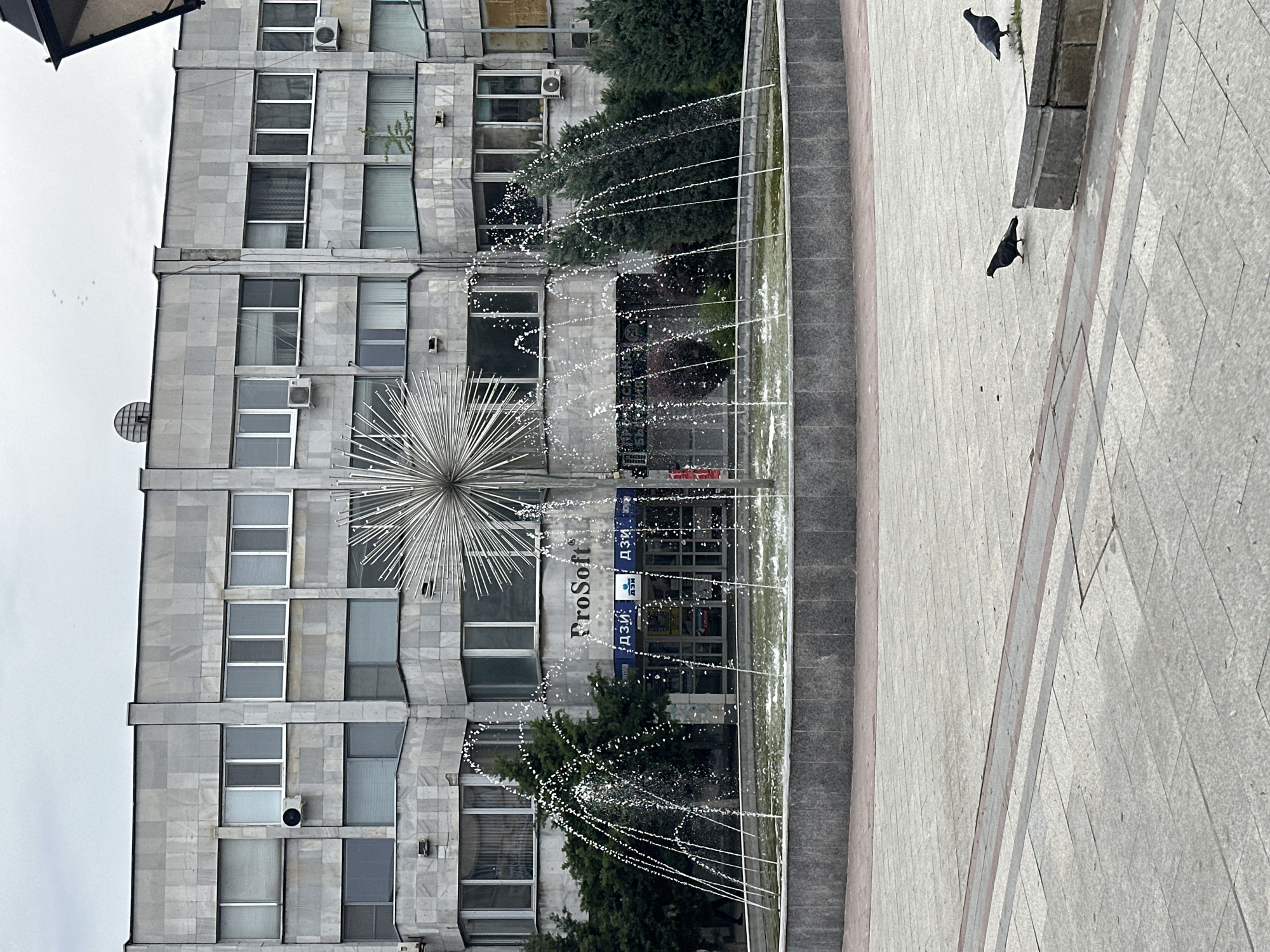 The image shows a fountain in Vidin, Bulgaria, located in front of a grey stone building with many windows and air conditioning units. "ProSoft" and Cyrillic text are visible on a sign near the fountain. The fountain features a spherical sculpture and water jets. Two pigeons are on the grey tiled ground near the fountain. The sky is overcast.