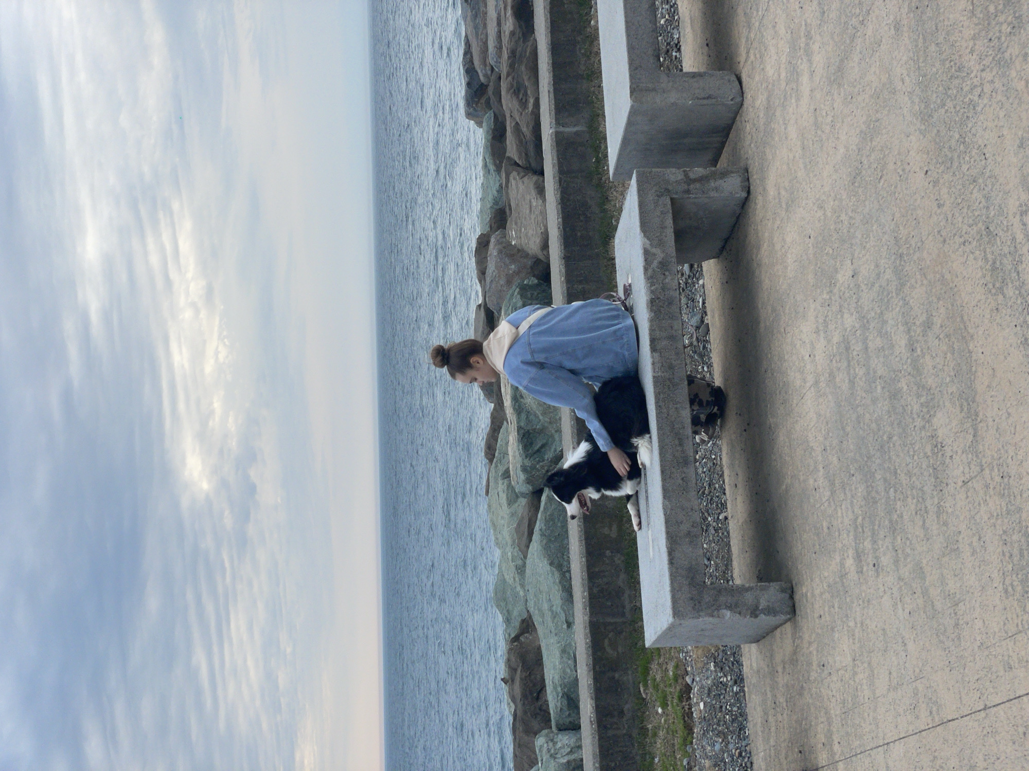 A woman is sitting on a concrete bench with a black and white dog, possibly a Border Collie, next to a rocky coastline in Batumi, Georgia. She is wearing a light blue jacket and has her hair in a bun. The dog appears to be panting. The coastline is lined with large grey rocks. The sky is cloudy with the sea visible in the background. The bench is made of concrete and is part of a series of benches along a paved walkway.