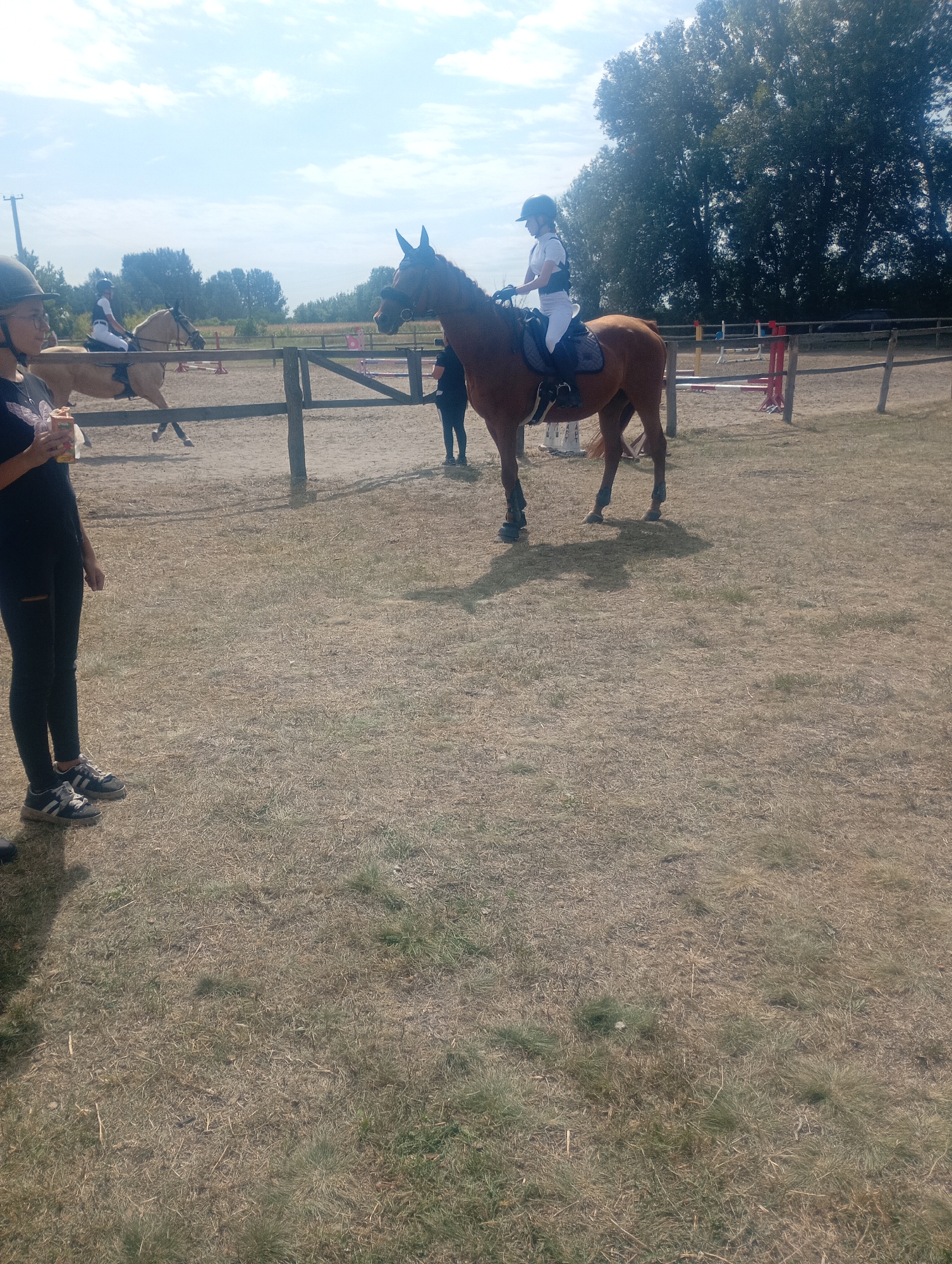 In Podil, Ukraine, on a sunny day, a group of people are gathered at an outdoor equestrian event. A young woman in black pants and a black t-shirt with a graphic on it, wearing a helmet and glasses, stands to the left holding a snack. In the center, a person wearing a white riding outfit and helmet sits atop a brown horse, which is standing in a sandy arena. The horse has dark leg wraps. Behind them, another horse, lighter in color, is being ridden by someone in the distance. The background features a wooden fence, trees, and jump obstacles typical of an equestrian competition. The ground is covered in dry grass and sand, indicating a warm weather environment.