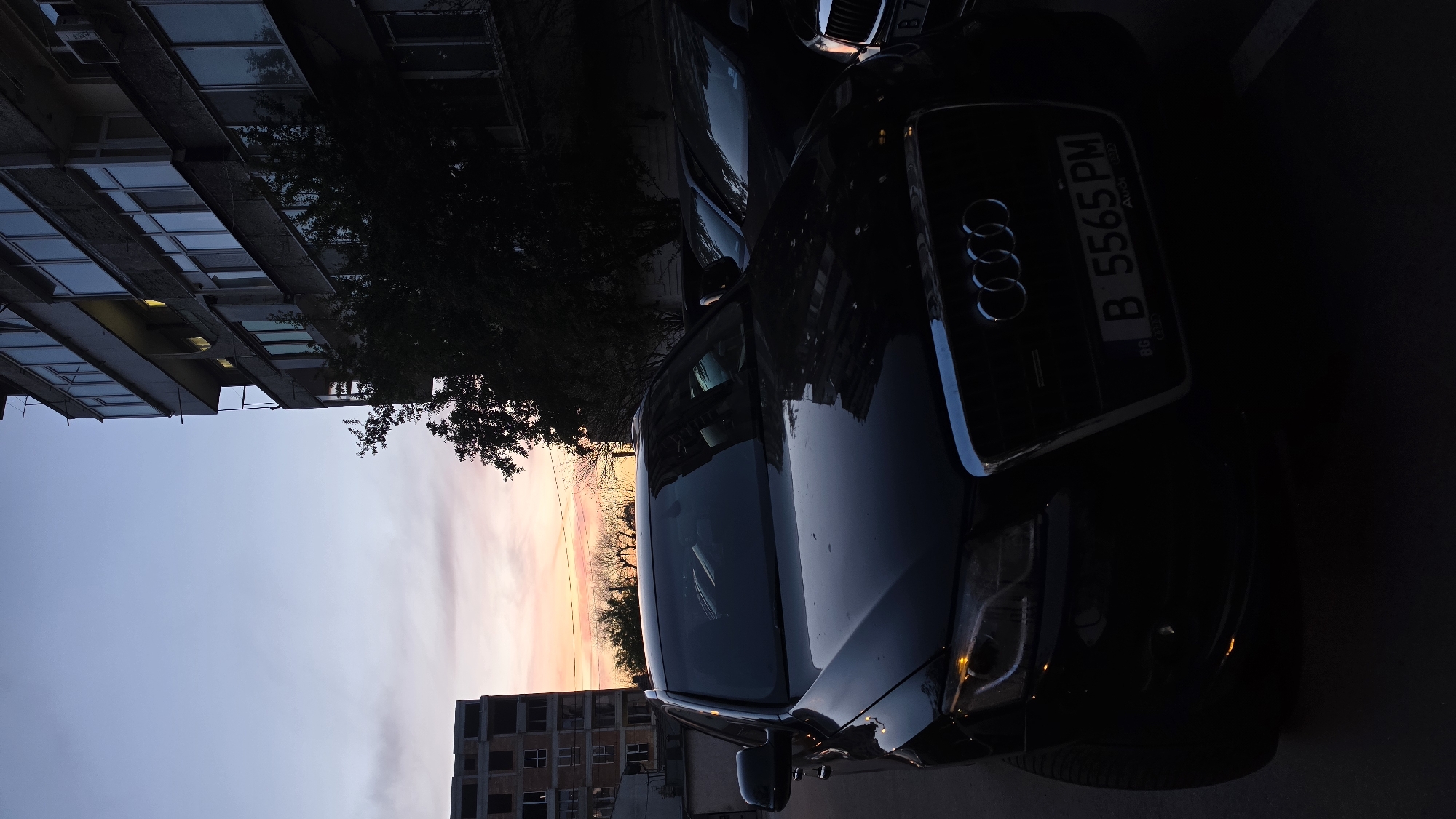 The image captures a dusky urban scene, possibly in Varna, Bulgaria, given the car's license plate ("B 5565 PM") which denotes Sofia, Bulgaria. A dark-colored Audi, identifiable by its front grille and visible Audi logo, is prominently positioned. The car is parked in front of an apartment building. The sky displays shades of pink and orange near the horizon, suggesting sunset. The surrounding buildings are lit. No people are visible.