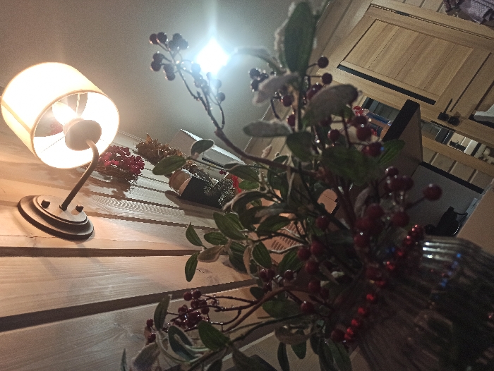 The image depicts an interior scene in Nizhneye Zadolgoye, Russia, captured from a low, oblique angle looking upward. In the immediate foreground, a dark, ribbed glass vase holds an artificial arrangement consisting of numerous clusters of small, glossy red berries on dark stems, intermingled with dark green and lighter, possibly frosted or felted, leaves. Above and to the left, a wall-mounted sconce with a dark circular base and curved metal arm supports a cylindrical cream-colored fabric shade, which is illuminated from within, casting bright, warm light. This sconce is affixed to a wall constructed of light-toned wooden planks. Behind the foreground arrangement and beneath the sconce, additional decorative elements are visible, including more red berry clusters and a dark, indistinct object. In the far background to the right, a light-colored wooden door or cabinet featuring horizontal slatted panels is partially visible. No individuals are present in the scene.