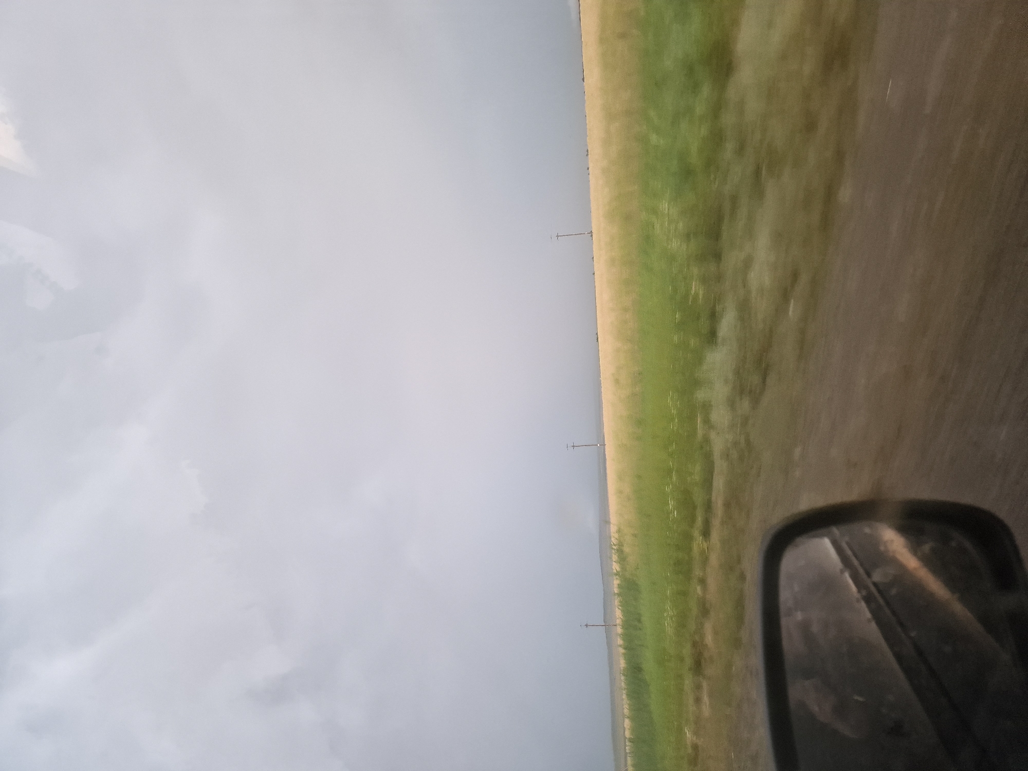 A view from a vehicle shows a dirt road and a field of tall grass with scattered wildflowers under a cloudy sky. In the distance, there are power lines crossing the field. The reflection in the side mirror shows the road and the sky. There are no people visible in the image. The location is the outskirts of Kursavka, Russia.