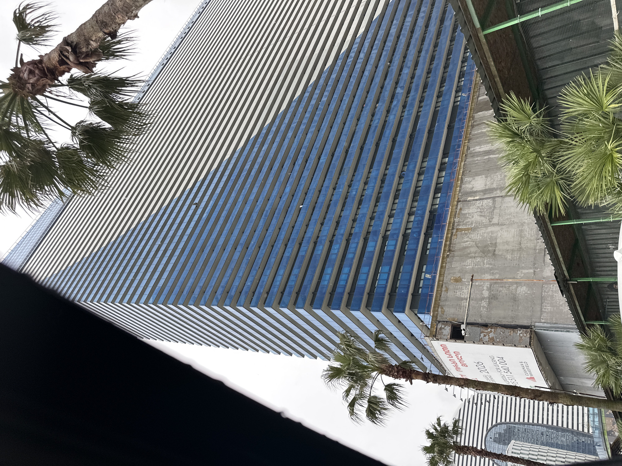 The image shows a modern skyscraper in Batumi, Georgia. The building features a striped facade with alternating panels of reflective blue glass and white material. Palm trees frame the building from either side, providing a tropical contrast. The building appears to be an office or commercial structure, given its size and design. There is a billboard attached to an adjacent building, with the building having a concrete facade. The sky is overcast.