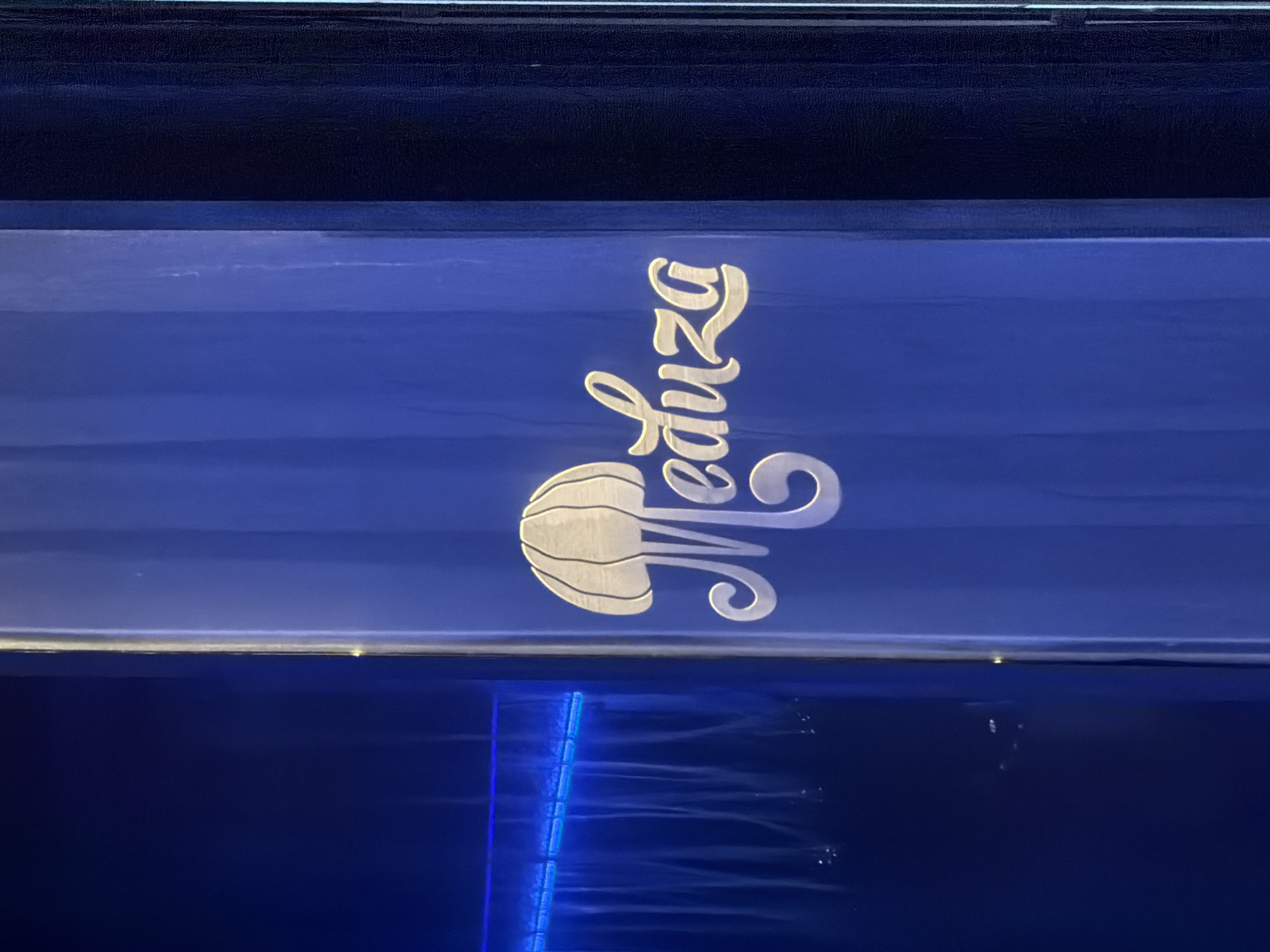 The image shows a close-up of a blue, ribbed surface with a metallic logo that reads "Meduza". The logo is stylized with a jellyfish silhouette above the text. The background to the left of the logo is a darker blue, and some blurred blue lights are visible in the distance. The surface with the logo appears to be a wall or a panel. The scene is indoors, likely a business or establishment, and the overall aesthetic is modern and sleek. There are no people or actions depicted in the image. The location in Nha Trang Ward, Vietnam, is not explicitly visible or indicated in the image itself.