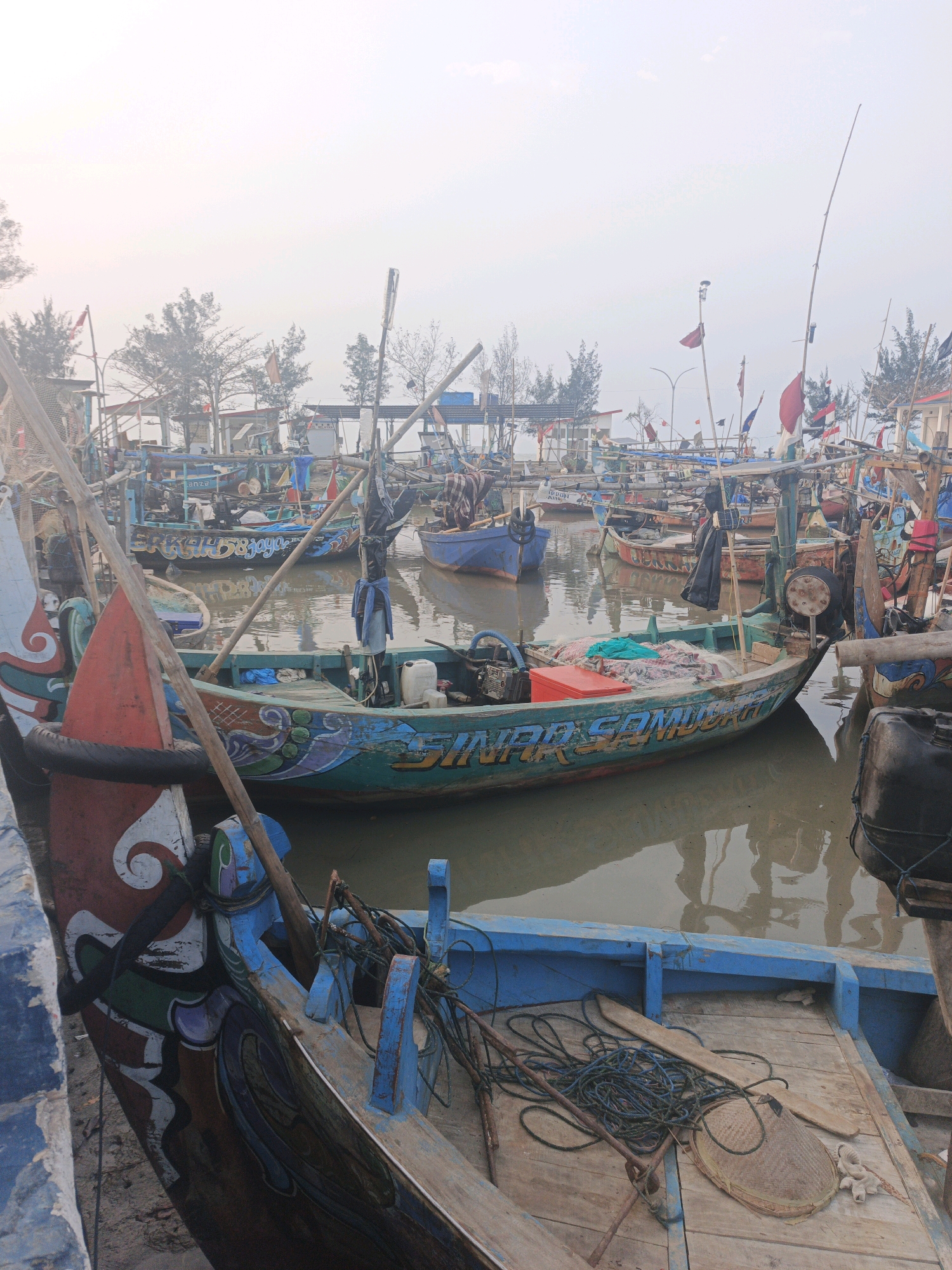 This image depicts a harbor filled with numerous fishing boats moored in calm, murky water. The boats are varied in size and color, many adorned with intricate painted designs and flags. Several boats have outboard motors visible, and fishing gear, such as nets and ropes, are scattered on their decks. In the background, there are trees and some structures, suggesting a coastal settlement. The sky is overcast, contributing to a soft, diffused light. The overall scene is one of a working harbor, likely in a fishing village.
