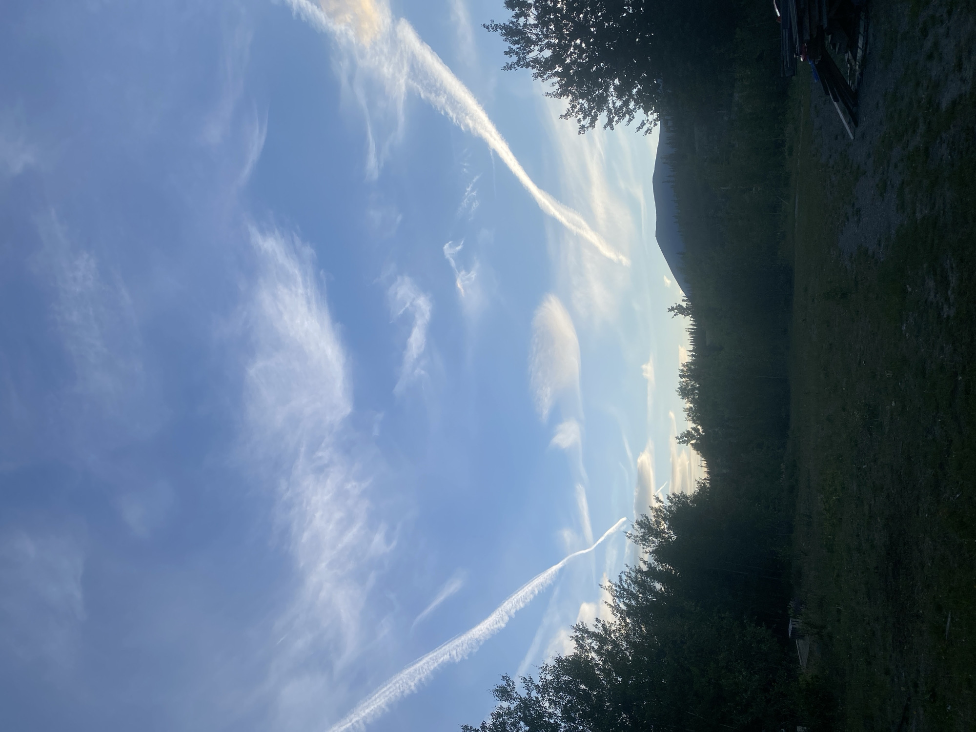 The image shows a twilight scene in Haines Junction, Canada. The sky is a gradient of blue, with wispy white clouds and airplane contrails forming a "V" shape in the center. A dark silhouette of a mountain range is visible in the background, topped by trees. The foreground consists of a dark, grassy field with a gravel path and some stacked lumber on the right side. The overall impression is one of a natural, serene landscape at dusk.