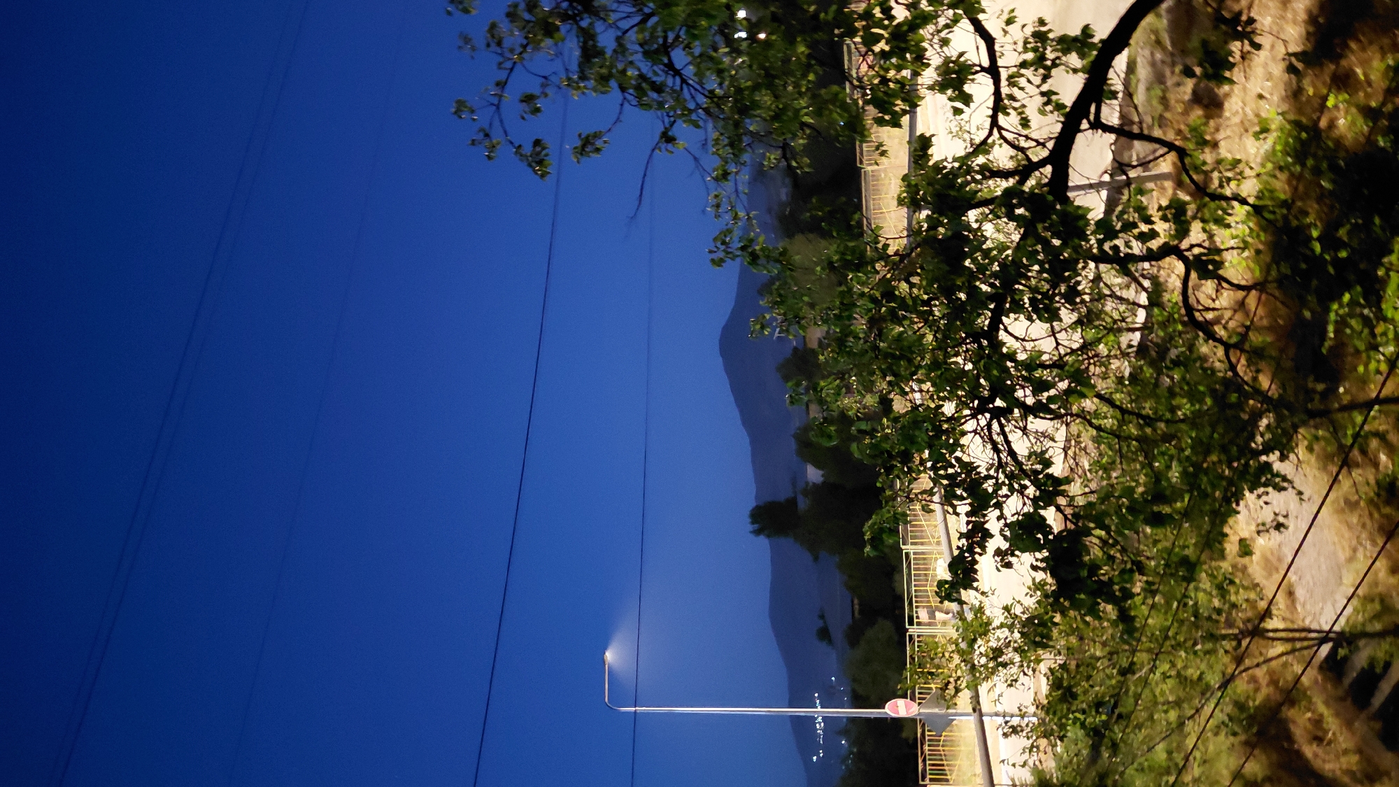The image captures a twilight scene in Abovyan, Armenia, with a deep blue sky overhead. In the foreground, the branches of a leafy tree obscure part of the view. A tall, slender streetlight stands to the left, illuminated and casting a soft glow. Adjacent to the streetlight is a round, red and white sign with a diagonal red line across it, likely a traffic sign. Behind these elements, a yellow metal railing runs horizontally across the mid-ground, separating a paved area from the foreground vegetation. In the distance, rolling hills and mountains are visible, their shapes softened by the fading light. The overall atmosphere is serene and slightly rural, despite the presence of street lighting and what appears to be a road or pathway behind the railing.