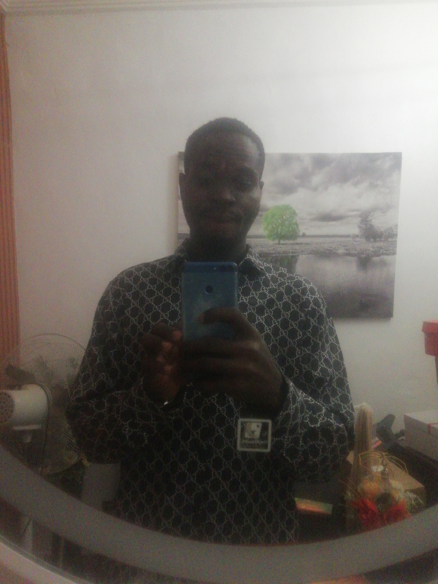 A man stands indoors, taking a selfie in a mirror. He is dark-skinned, with short hair, and is wearing a long-sleeved shirt with a repeating pattern. He holds a blue smartphone. Behind him is a painting depicting trees by a body of water. To the left, a fan is visible. The setting appears to be a room in Ikorodu, Nigeria, as specified in the prompt. Other objects on the counter include boxes and floral arrangement.