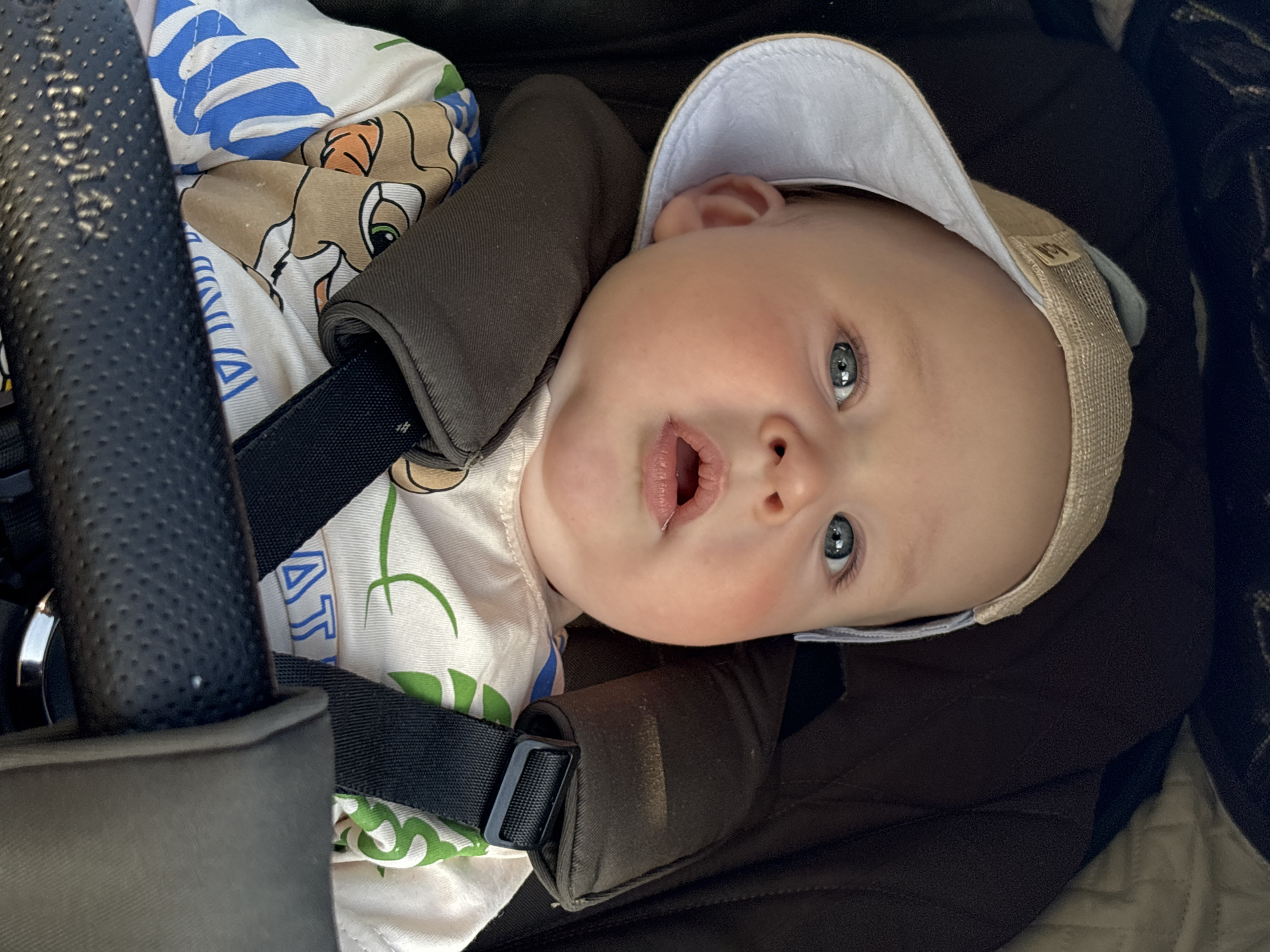 A baby wearing a tan baseball cap lies in a stroller. The stroller has black straps and dark gray padding. The baby is fair-skinned with light blue eyes and a slightly open mouth. The baby's shirt has a cartoon lion on it, along with blue and green patterns. The handle of the stroller is visible on the left side of the image. The background of the stroller's interior is dark. The location is not discernible based on the visual information.