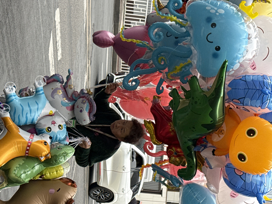 An individual is depicted on an asphalt street in Yuzhong District, China, engaged in selling a large assortment of foil balloons. The person, an older adult with short, dark, curly hair, wears a dark green long-sleeved garment and holds multiple balloon strings in both hands, appearing to manage the display.
The balloons are diverse in shape and color. Prominently featured are a large light blue smiling jellyfish balloon, a green dinosaur/dragon balloon, an orange blob-like creature with large eyes, and a pink mermaid tail. Closer to the individual, a white and purple unicorn balloon, a light blue striped cat balloon, an orange cat balloon, a green dinosaur balloon, and a brown horse or pony balloon are visible. Numerous other colorful, indistinct balloons float above and around the vendor.
In the background, a white SUV is parked on the street. To the left, a white metal railing is visible. The street surface is gray asphalt with faint white markings, possibly indicating a pedestrian crossing. The scene is illuminated by ambient daylight, suggesting an overcast sky or diffused light conditions.