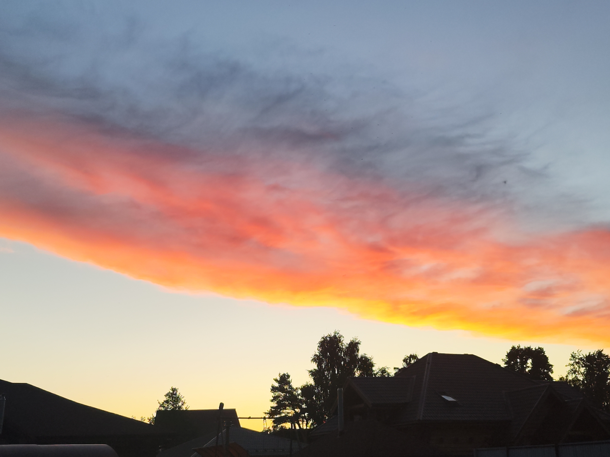 An outdoor photograph captures a vivid sunset or sunrise over a residential area in Chaikovsky, Russia. The sky is the dominant feature, with a prominent, elongated band of clouds stretching horizontally across the middle, illuminated in brilliant shades of orange, red, and yellow. Above this intensely colored cloud formation, the sky transitions to a lighter blue-grey with fainter, wispy cloud patterns, where a few tiny, dark specks, possibly birds, are visible. Below the fiery clouds, the lower sky glows with a soft, pale yellow-orange hue, indicative of the sun's low position.
In the foreground, silhouetted against the bright horizon, are the dark forms of several houses or buildings with sloped roofs. One roof clearly shows a skylight. Interspersed among the structures are the dark silhouettes of trees, adding depth and texture to the lower portion of the frame. The scene conveys a sense of serene twilight or dawn, with the spectacular cloud colors being the central focal point. No visible text is present in the image.