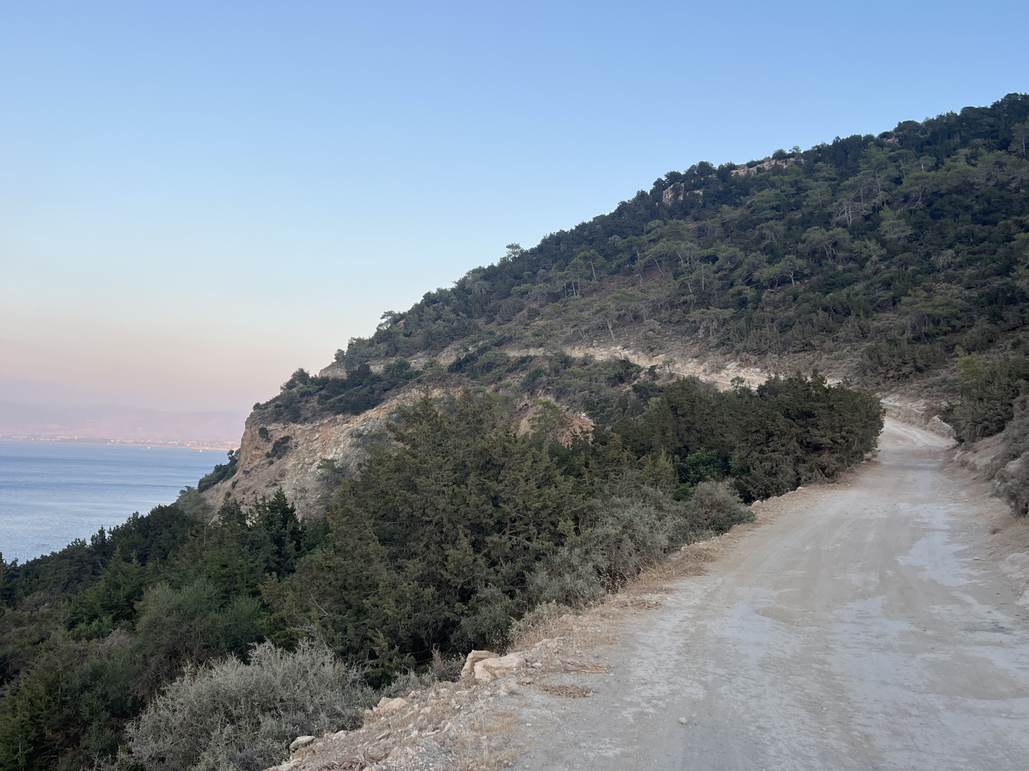 The image depicts a dirt road winding uphill along a rocky, tree-covered slope overlooking a calm sea. The sky is a clear, pale blue with a hint of pink near the horizon, suggesting either sunrise or sunset. The vegetation consists of dark green coniferous trees and lighter green shrubs. The road is unpaved and appears to be a trail rather than a maintained road. In the distance, a hazy coastline is visible across the water. The scene is devoid of any people or specific man-made structures, apart from the road itself. The overall impression is of a natural, somewhat remote landscape. The image is a photograph taken in Neo Chorio, Cyprus.