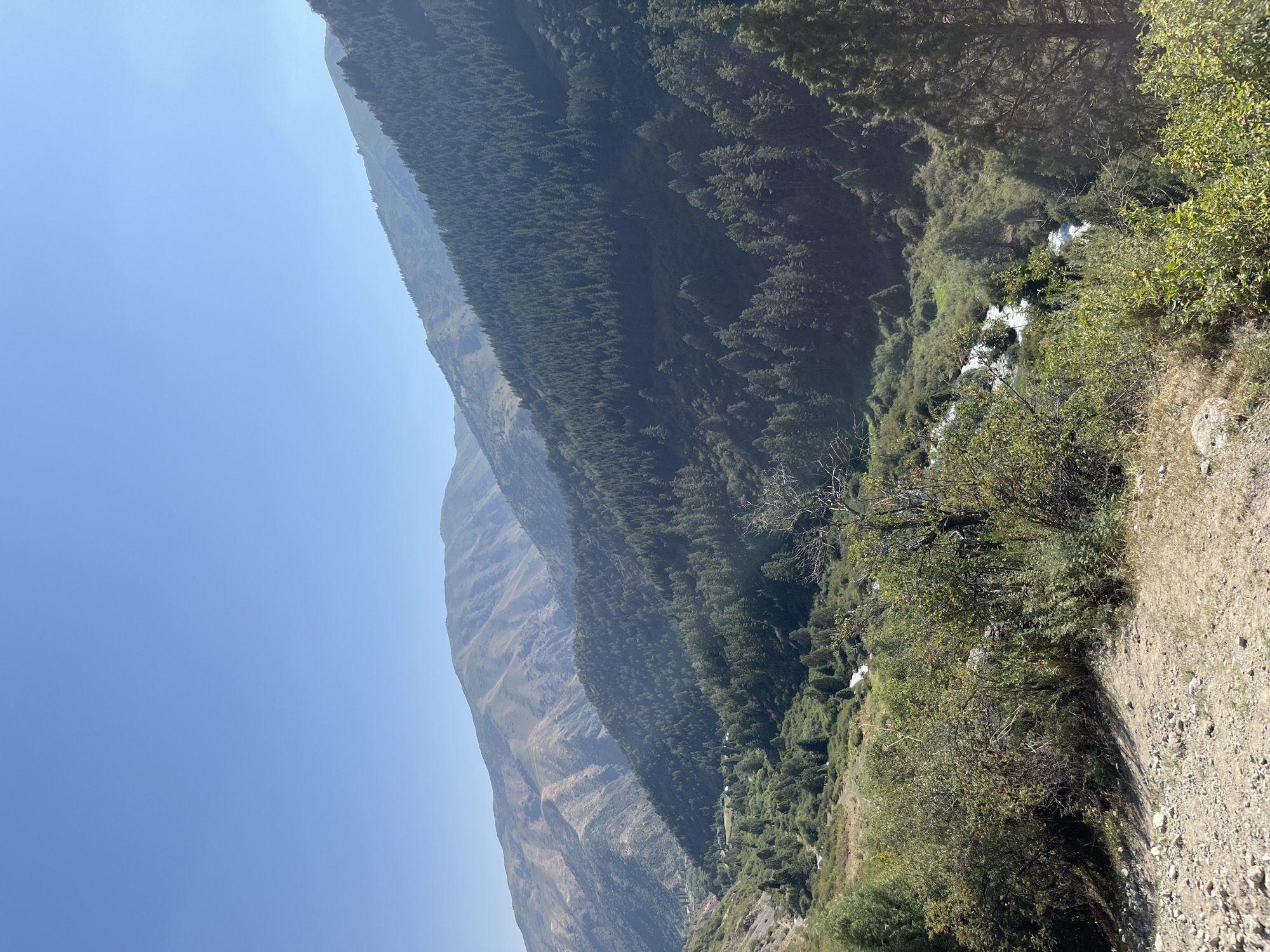 The image shows a vast, panoramic view of a mountainous landscape in Karagai Bulak, Kyrgyzstan. In the foreground, a dirt path with scattered rocks leads down into a valley. The middle ground is dominated by a dense forest of evergreen trees blanketing the slopes of the mountains. A winding river flows through the valley, surrounded by lush greenery and scattered trees. In the background, several layers of mountains stretch into the distance, their peaks softened by a light haze. The sky is a clear, brilliant blue, indicating a sunny day. The overall impression is one of natural beauty and serenity, with no people or man-made structures visible.