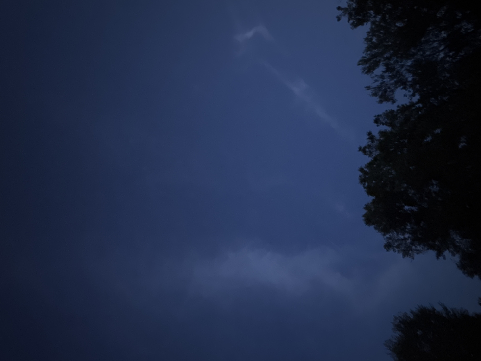 The image displays a dark, nocturnal sky dominated by a deep, muted blue hue. Silhouetted tree foliage frames the right side and extends into the bottom right corner of the frame, indicating the presence of tall trees against the dark backdrop. The sky is not entirely clear, featuring several faint, wispy cloud formations. In the upper central area, a subtle, brighter cloud appears with an angular shape, somewhat resembling an arrow or an inverted 'V'. Another elongated and more diffuse cloud band stretches horizontally across the middle-to-lower section of the sky. The overall lighting is dim, suggesting either a late-night scene or very early pre-dawn hours, or perhaps a heavily overcast twilight. No human subjects, man-made objects, or visible text are present. The scene evokes a quiet, tranquil, and slightly mysterious natural environment.