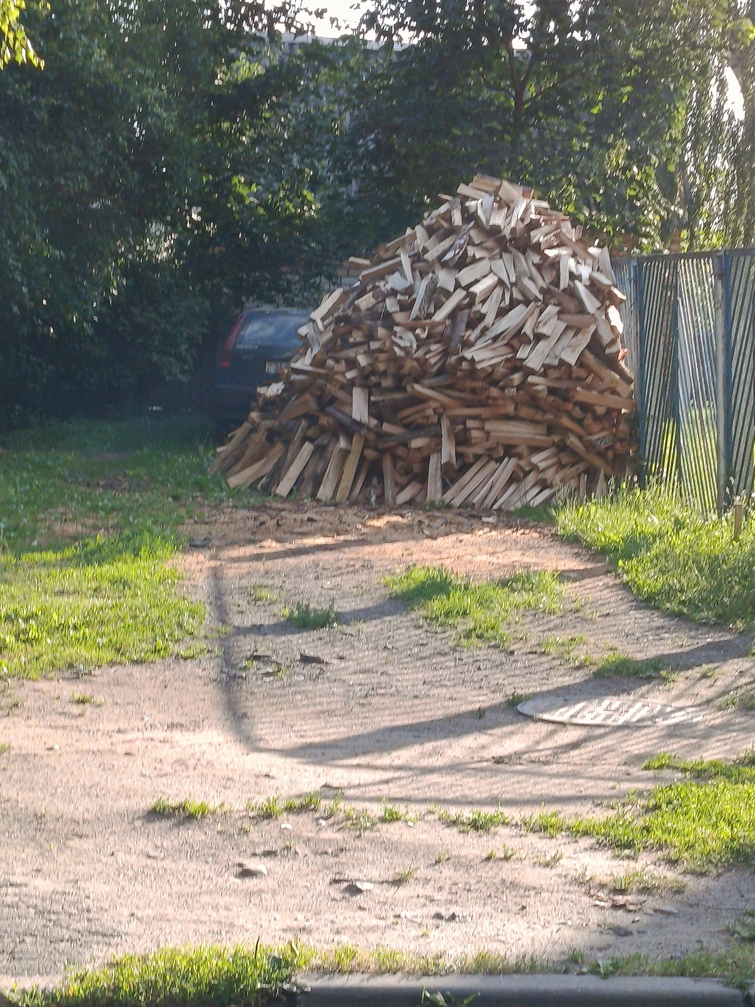 The image captures an outdoor scene, likely in the city of Smilyavichy rural council, Belarus. A large, chaotic pile of chopped firewood dominates the right side of the frame. The wood appears to be of various sizes and shapes, stacked haphazardly. Behind the firewood, a dark-colored vehicle, possibly a car, is partially visible, obscured by trees and the woodpile. A metal fence, with a vertical striped pattern, runs along the right edge of the image, separating the yard from an unknown area. The ground in the foreground is a mixture of dirt and patchy green grass, with shadows cast across it, suggesting the presence of overhead foliage or structures. The overall setting appears to be a residential or semi-rural area.