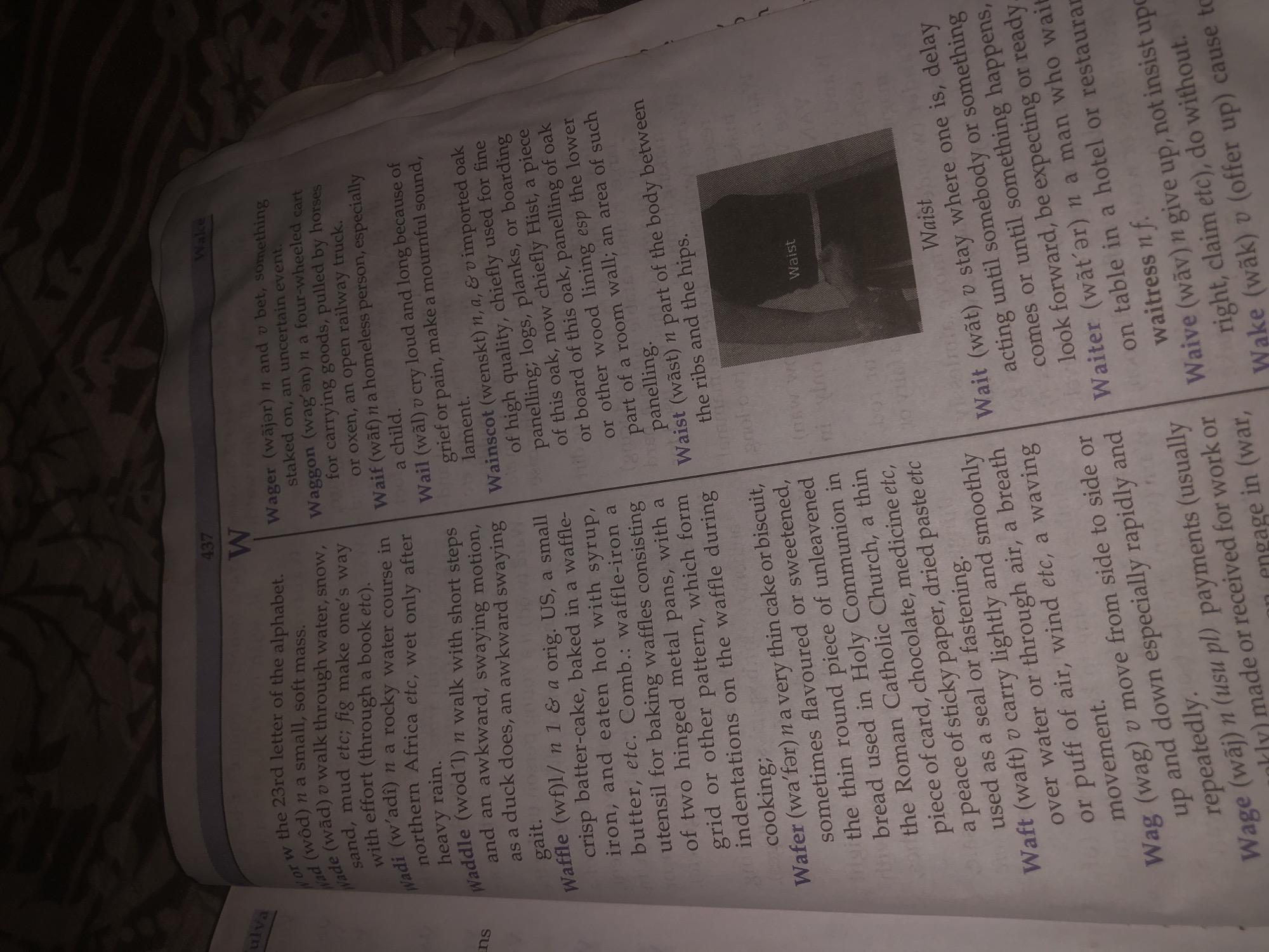 The image shows an open book with dictionary entries. The page number 437 is visible at the top. The left page contains entries for "W" words such as "W", "Wader", "Waddle", "Waffle", "Wafer", "Waft", "Wag", and "Wage". The right page continues with "W" words like "Wager", "Waggon", "Waif", "Wail", "Wainscot", and "Waist". There is an illustration of a waist next to the definition of "Waist". The book appears to be placed on a patterned surface, possibly a fabric. The lighting is dim, casting shadows on the page. There is no visible indication of the book's location, nor any elements that would suggest it is in Jalingo, Nigeria.
