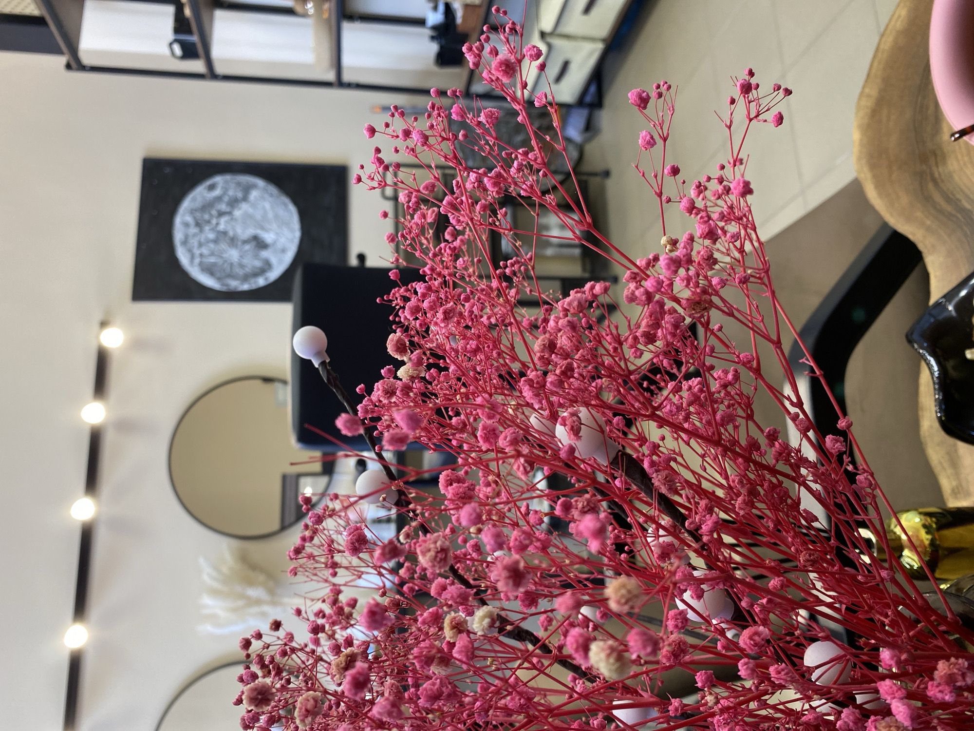 A close-up, interior shot depicts a pink, dried flower arrangement with red stems, potentially gypsophila. The arrangement also contains some small, white, spherical decorations. The background includes a black and white painting of the moon on a wall, circular mirrors, a light fixture with multiple spherical bulbs, and some shelving. A dark surface with gold accents is also visible. There is no specific evidence indicating the location is Votkinsk, Russia.