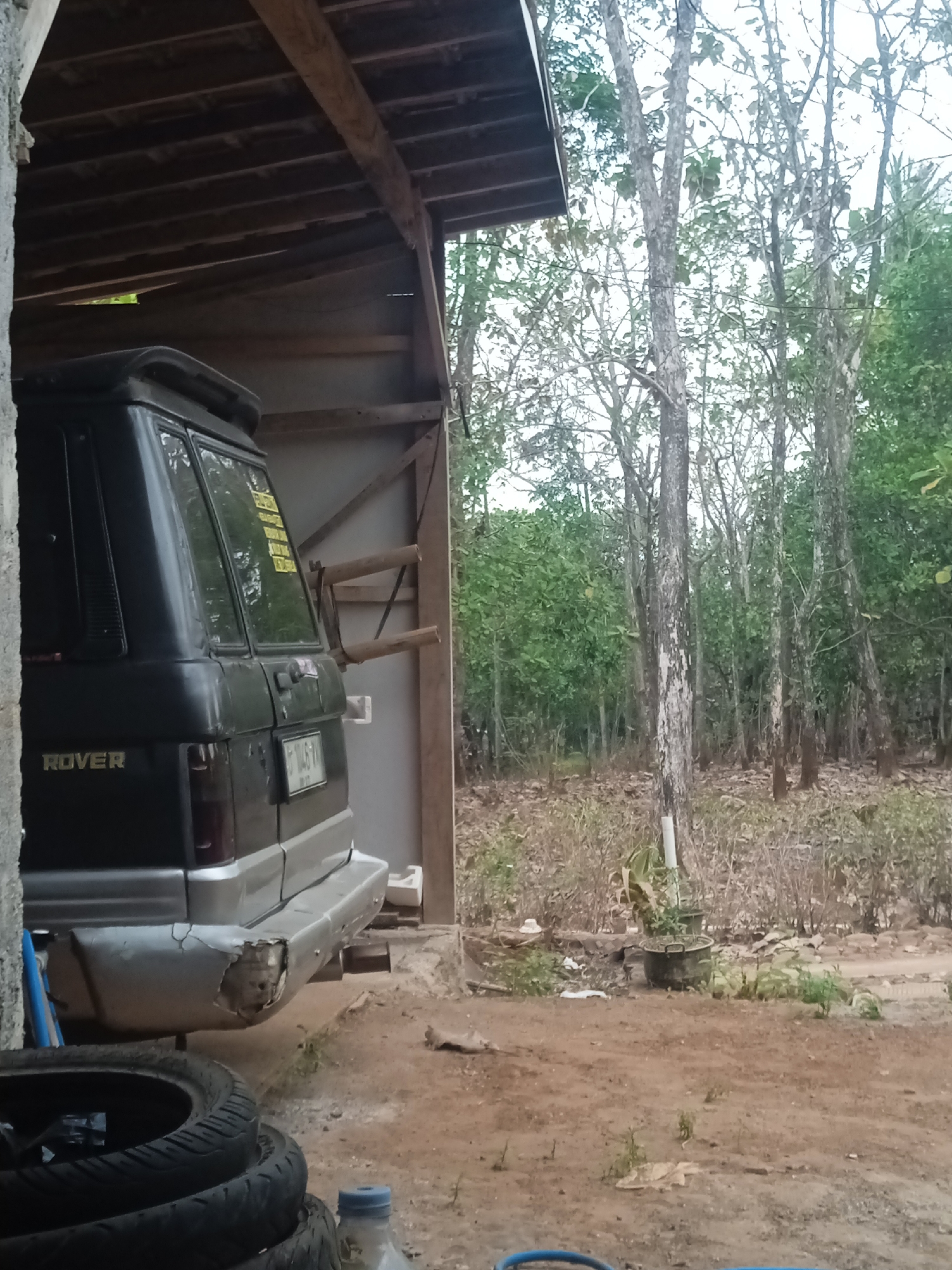 The image shows the rear of a black Rover SUV parked under a wooden lean-to shelter. The vehicle's rear bumper is damaged, with a large section torn away. In the foreground, two tires are stacked, and a plastic bottle with a blue cap is visible. Behind the vehicle, a dense forest with tall trees and undergrowth is present. The ground is a mix of dirt and dry leaves. The scene appears to be in a rural or semi-rural setting, possibly a residential or workshop area in Jatisrono, Indonesia. There are no people or animals visible in the image.