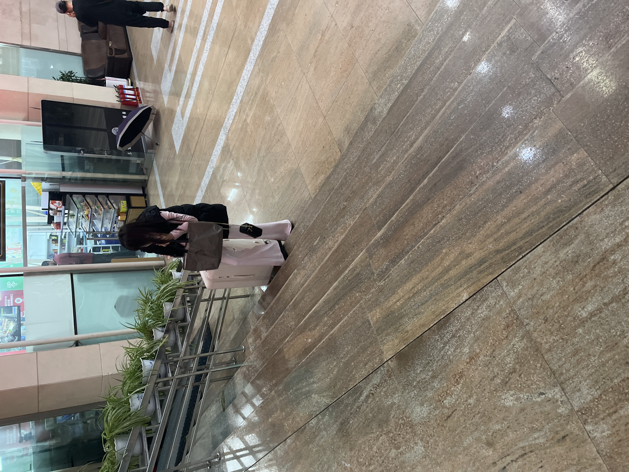 The image shows the interior of a commercial building in Changchun City, China. In the lower left quadrant, there's a railing adorned with potted plants. To the right of the railing, a person is standing on a slight set of stairs, bent over with a beige purse slung over their shoulder and a suitcase behind them. The individual is wearing a black jacket and black pants, with white socks.
Further back, near the left edge, is a display stand with merchandise and a digital signage screen. In the top center and right, is the floor of the building. In the upper left corner, parts of another person in dark clothes are visible.