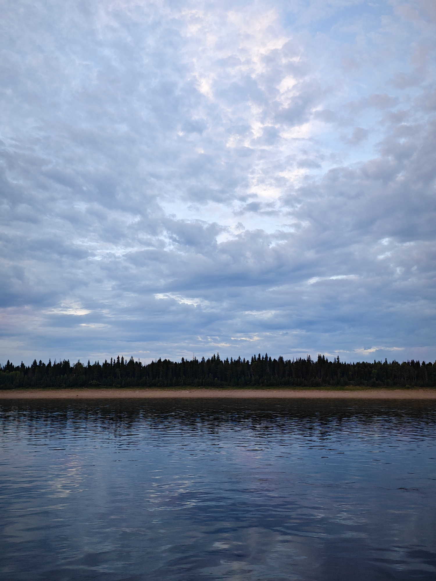 The image depicts a serene natural landscape, likely during twilight. The scene is divided into three horizontal bands: the sky, the tree line, and the water. The sky is filled with dramatic, textured clouds in shades of grey, blue, and white, suggesting an overcast or transitioning weather condition. Patches of lighter sky hint at the fading daylight. Below the sky, a dense, dark green forest forms a uniform line across the horizon, punctuated by the spiky silhouettes of coniferous trees. The forest appears to be on the bank of a body of water. The foreground is dominated by this water, which reflects the muted colors of the sky and the dark tree line. The surface of the water is gently rippled, creating subtle patterns of light and shadow. There are no people or man-made objects visible, emphasizing the wild and untouched nature of the setting. The overall mood is tranquil and slightly somber, characteristic of the late evening or early morning hours. The location context suggests this scene could be in Nikulino, Russia, a region known for its forests and waterways.