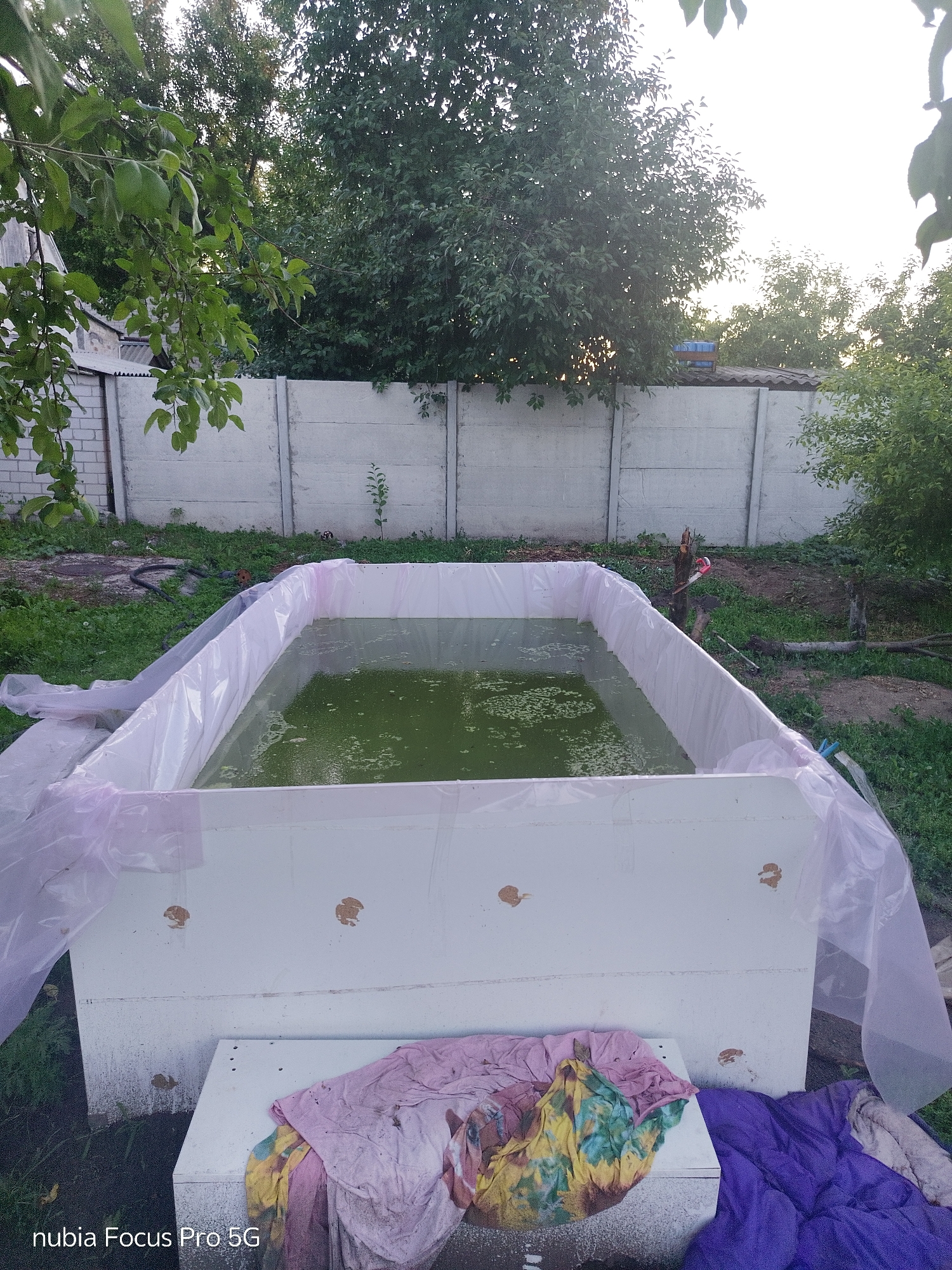 An outdoor scene in the city of Dnipro, Ukraine, features a rectangular, above-ground swimming pool filled with murky green water. The pool is lined with white material and partially covered with translucent pink plastic sheeting. It is situated on a patch of grassy ground, with a low, white, rectangular structure or platform beneath the front edge, covered with a pile of colorful textiles including a purple blanket and what appears to be a tie-dye sheet. Behind the pool, a grey concrete fence runs horizontally across the image, with trees and foliage visible behind it and in the foreground. The lighting suggests it is either early morning or late afternoon.