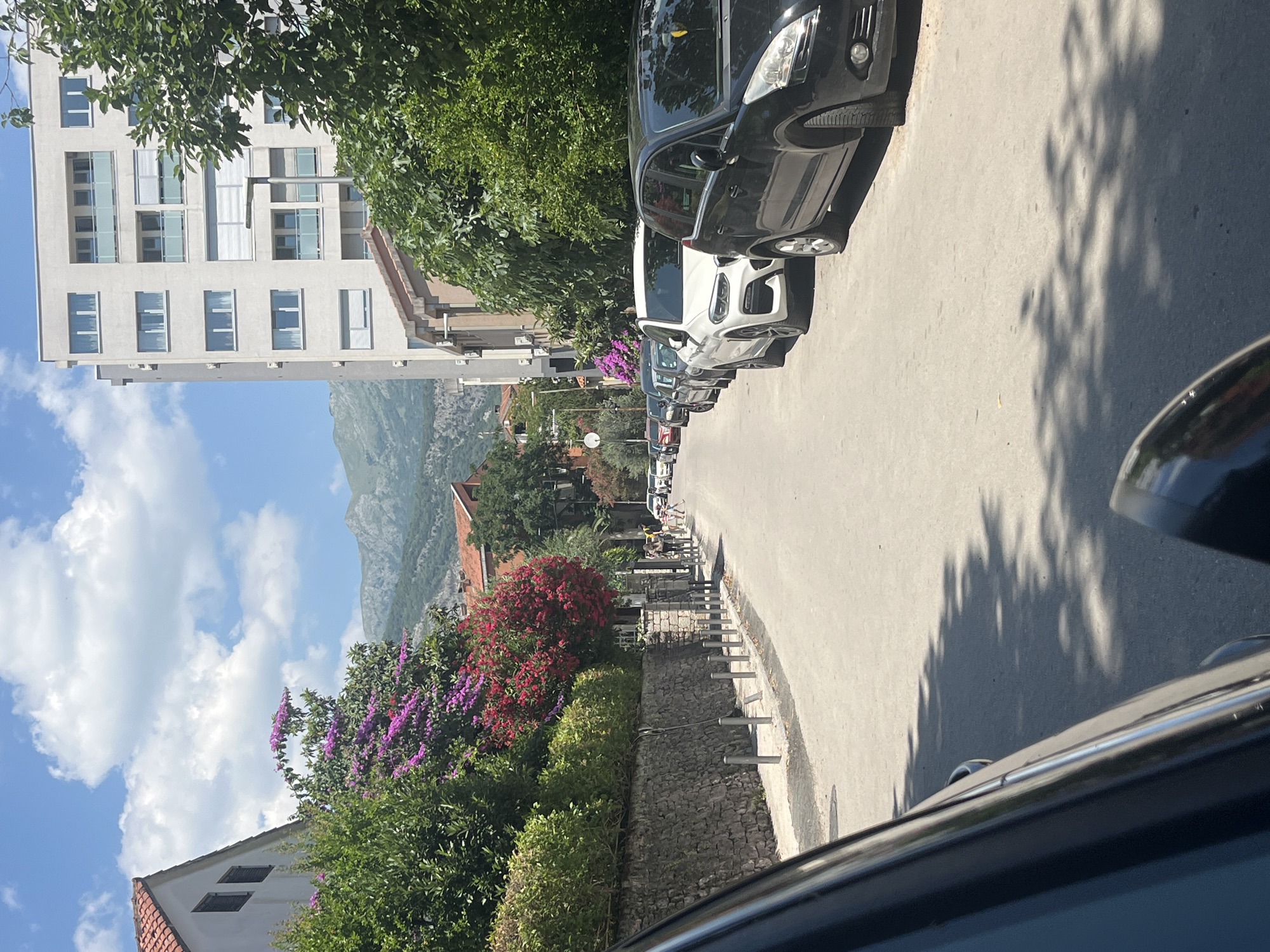 The image depicts a street scene in Budva, Montenegro, on a sunny day. In the foreground, the left side of a dark-colored car is visible, with a reflection of the sky and trees on its surface. The street is lined with parked cars on the right side, including a white SUV and a black hatchback. Beyond the parked cars, a modern, light-colored apartment building stands tall. On the left side of the street, a stone wall separates the sidewalk from lush green bushes and vibrant flowering trees, with purple and red blossoms adding color to the scene. In the background, mountains are visible, suggesting a coastal or mountainous setting. Several people are walking on the sidewalk in the middle distance, some appearing to be tourists. The sky is blue with scattered white clouds. The overall impression is of a residential street in a warm, Mediterranean climate.