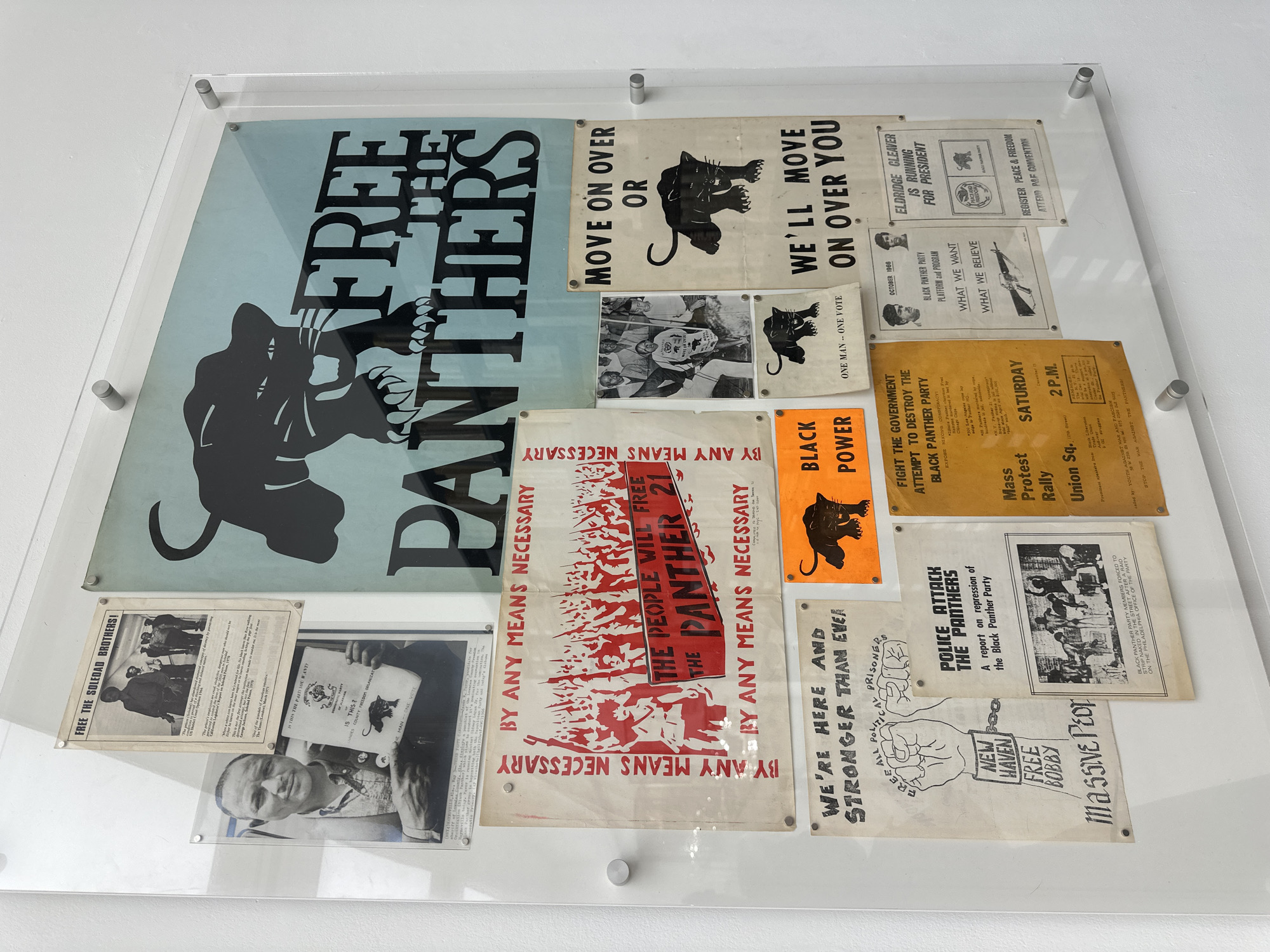 The image shows a collection of posters and leaflets mounted on a clear panel, likely acrylic, secured to a white wall with silver standoffs. The materials appear to be related to the Black Panther Party, featuring images of panthers, slogans such as "Free the Panthers," "By Any Means Necessary," "Black Power," and "We'll Move On Over You". There are also references to political figures like Eldridge Cleaver and events like a "Mass Protest Rally" in Union Square. The overall aesthetic suggests an exhibition or display of historical political ephemera. The image does not show any location in the city of London, United Kingdom.