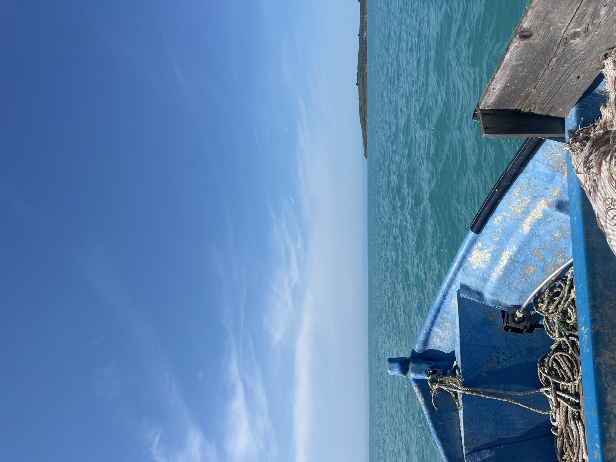 The image depicts a forward-facing view from inside a small, weathered blue boat on a body of water, under a bright, clear blue sky. The boat's interior, visible in the foreground, shows significant paint chipping, revealing lighter underlayers. Multiple coils of thick, light-colored rope are bundled on the floor of the boat, along with a silver metallic pipe connected to a dark fitting on the starboard side. A rustic wooden plank is visible on the far right edge of the boat. The water beyond the boat is a vibrant turquoise, exhibiting moderate ripples and small waves, suggesting slight movement or a gentle breeze.
On the distant horizon to the right, a low-lying, green landmass or island is visible, topped with scattered foliage and what appears to be a small structure. To the left of this landmass, the horizon features a faint, lighter blue line, possibly indicating a very distant coastline or mountains. The sky, occupying the upper portion of the image, is a deep, unblemished blue overhead, gradually lightening towards the horizon. Sparse, wispy white clouds are scattered across the sky, and a very faint, thin white streak, possibly an aircraft contrail, is present in the upper right quadrant. No people are visible in the scene. The location is unknown.